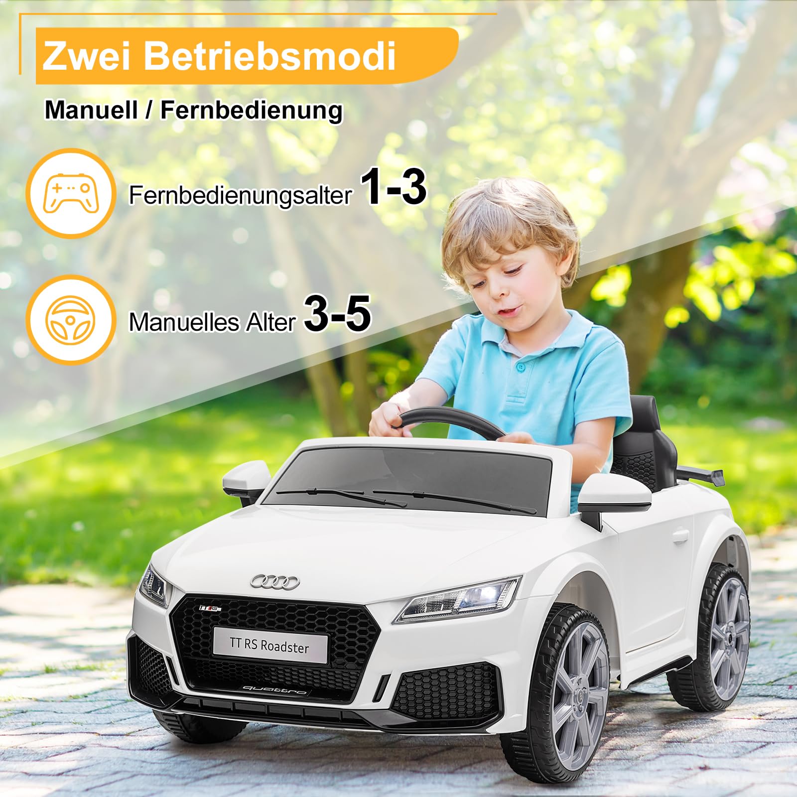 LEADZM Elektro Kinderauto mit Musik & Hupe & Scheinwerfer, 12V Kinder Elektroauto Kinderfahrzeug mit 2,4G Fernbedienung, 3-5km/h für Kinder (TTRS-Weiß)