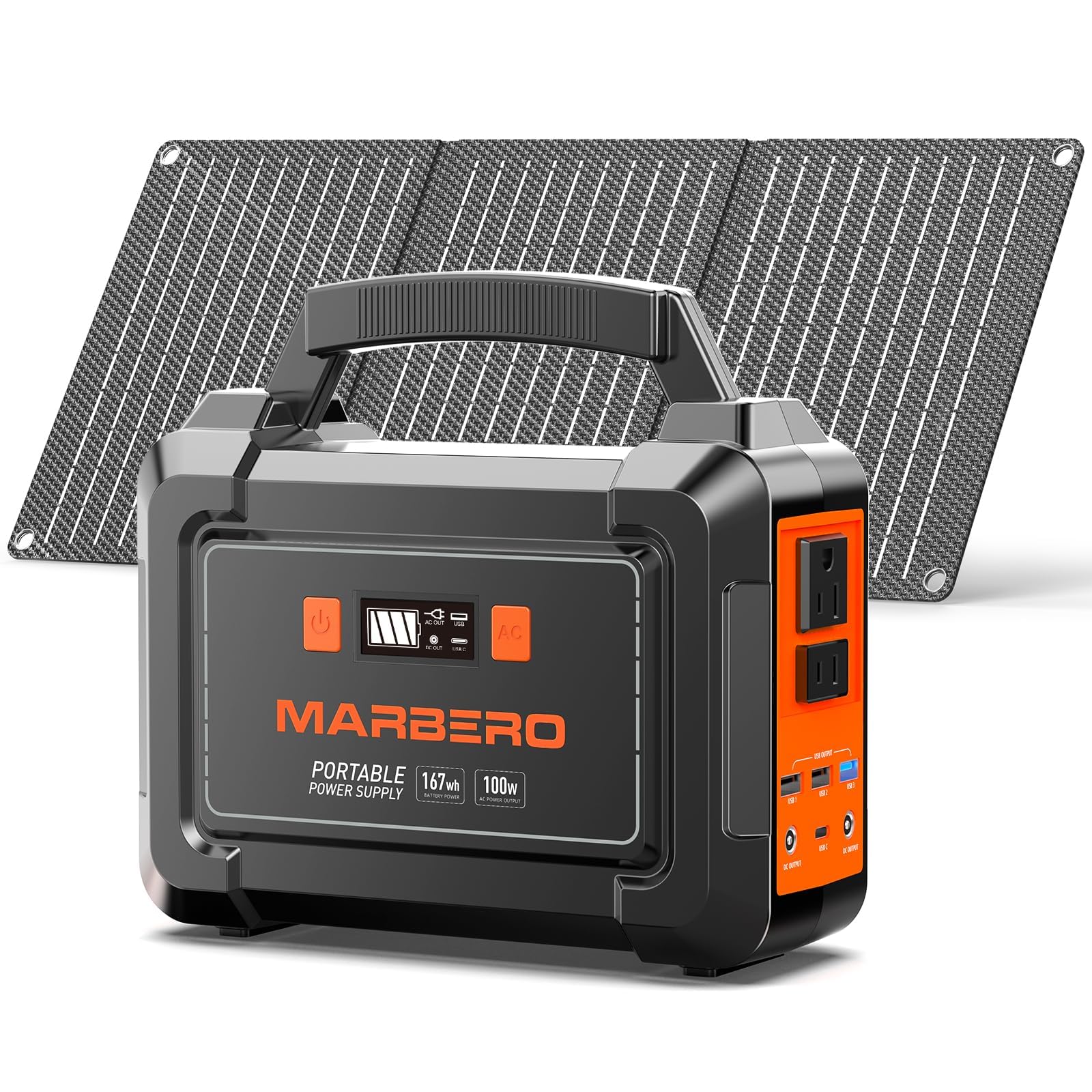 MARBERO Solar Generator 167Wh Camping Portable Power Station 200W Peak with Foldable Solar Panels 30W with AC Outlet