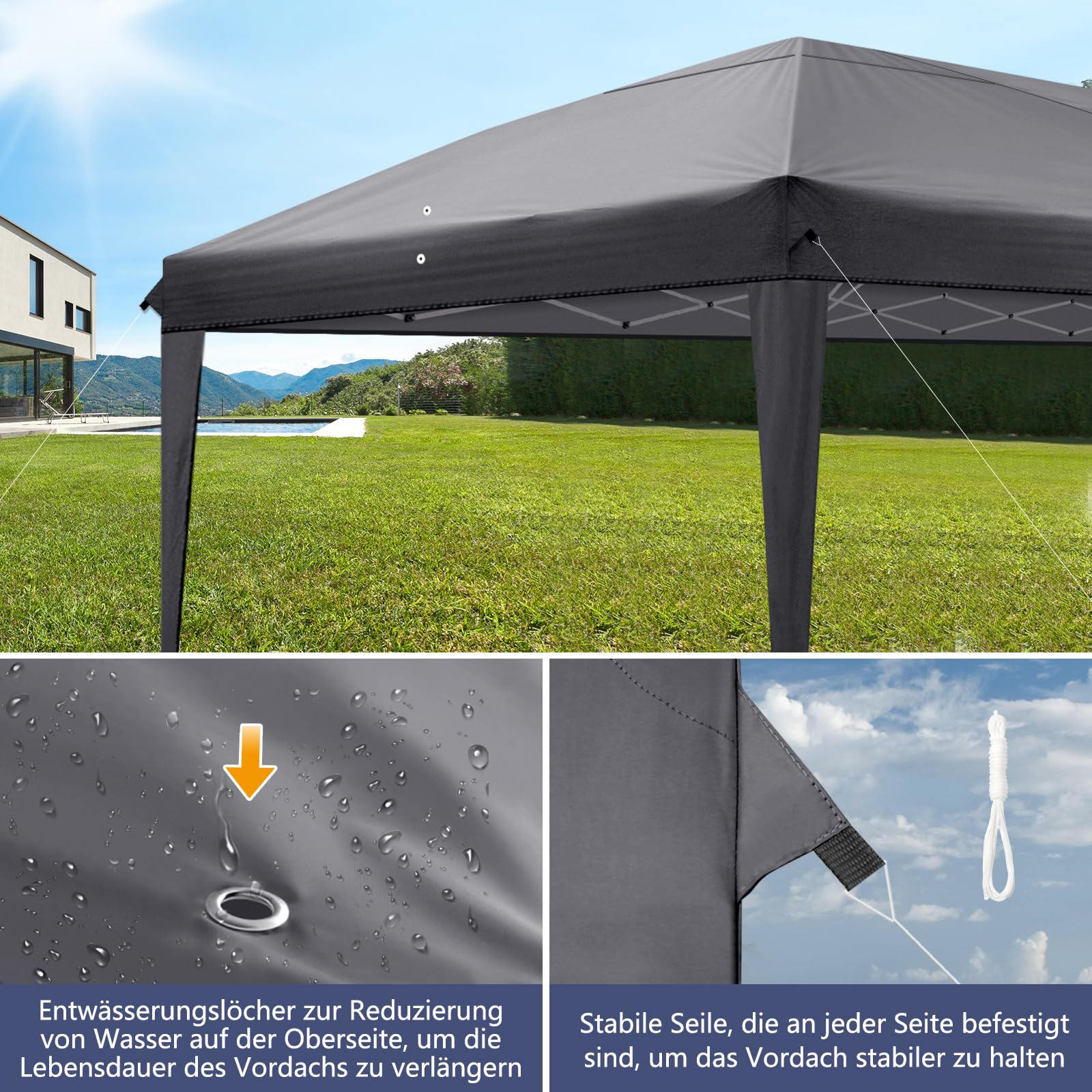 LEADZM 3 x 6 m Tonnelle de Jardin Pliable,Pop-up,Réglable en Hauteur,Protection UV 50+,avec 6 Côtés,Cadres en Acier,Convient pour la Fête, l'extérieur,Patio,Camping,Gris Foncé