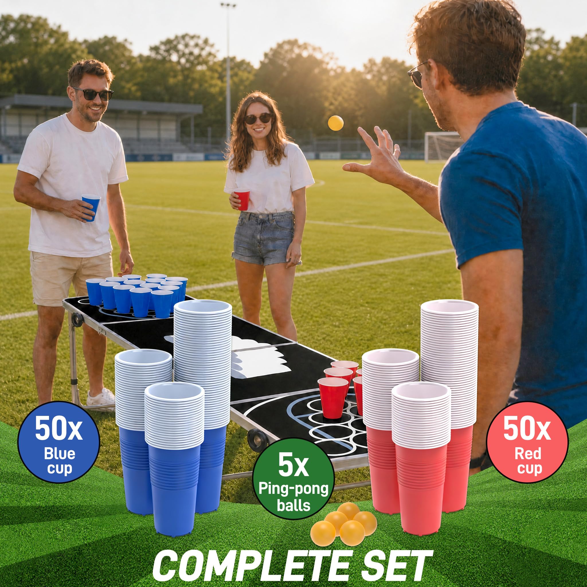 UISEBRT Bierpong Tisch 242cm Klappbar höhenverstellbar Aluminium Rahmen MDF wasserdicht inkl. 100 Becher & 5 Bälle Tragbar Koffer-Design für Party Garten Camping