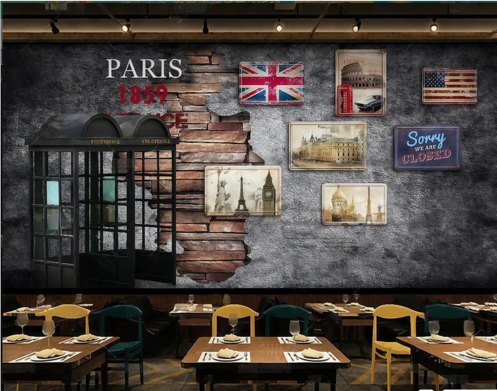 rskjdghshd Wallpaper Retro Nostalgic Cement Wall Telephone Booth Building Poster Theme Bar Western Restaurant Background Wall Mural Afternoon Tea Coffee Shop Wallpaper,3D,400x280cm