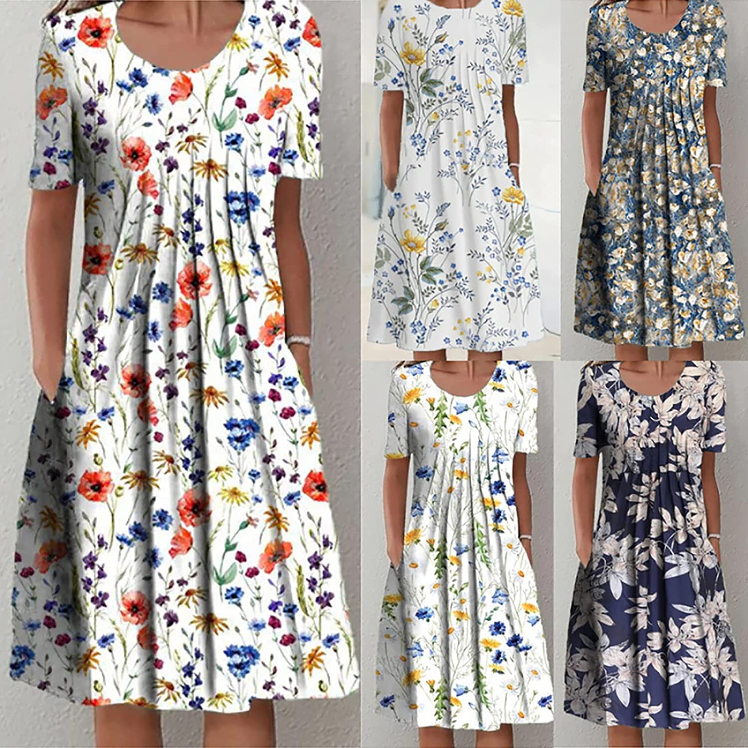 GUBAOPQLA Summer Dresses for Women 2022, Deuyo Dresses for Mature Ladies,  Women Loose Print Pleated Midi Dress,A,L at Amazon Women's Clothing store