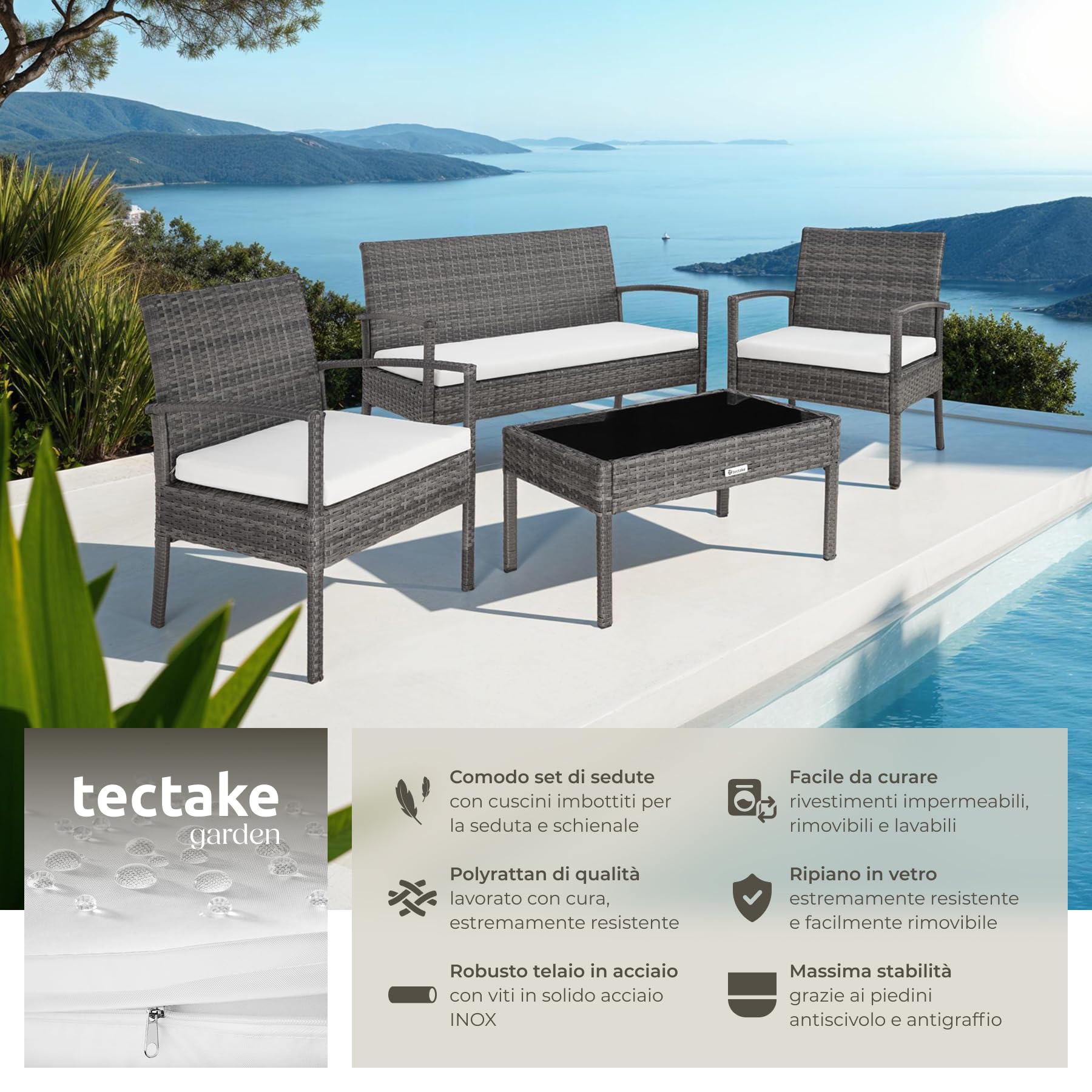tectake® Set di Mobili in Rattan Sparta, Set Sedie, Panca, Tavolino Salotto con Lastra in Vetro, Comodi Cuscini Idrorepellenti, Ideale per Giardino, Terrazzo, Veranda - Grigio