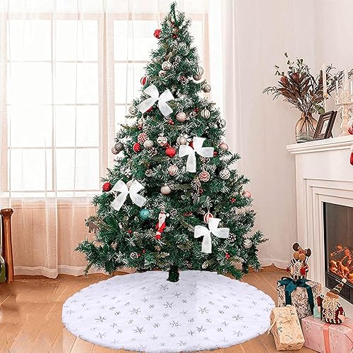 Miniatura 5 de Falda blanca para árbol de Navidad, falda de árbol de Navidad de 48 pulgadas, falda de árbol de Navidad con copos de nieve blancos y plateados