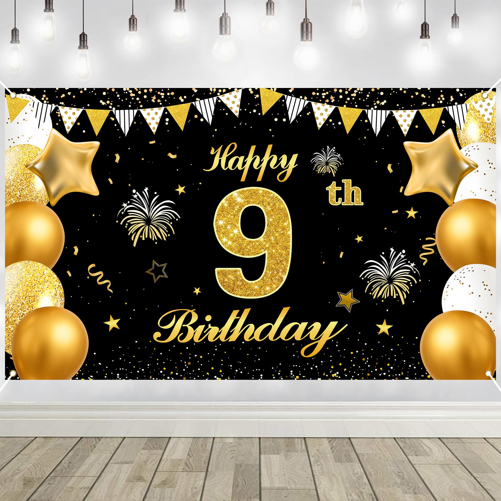 9th Birthday Decorations Banner Gold Black Happy Birthday Door Banner for Party Photo Backdrop for Men Women Home Outdoor Cover Party Decoration Supplies Poster — image 1