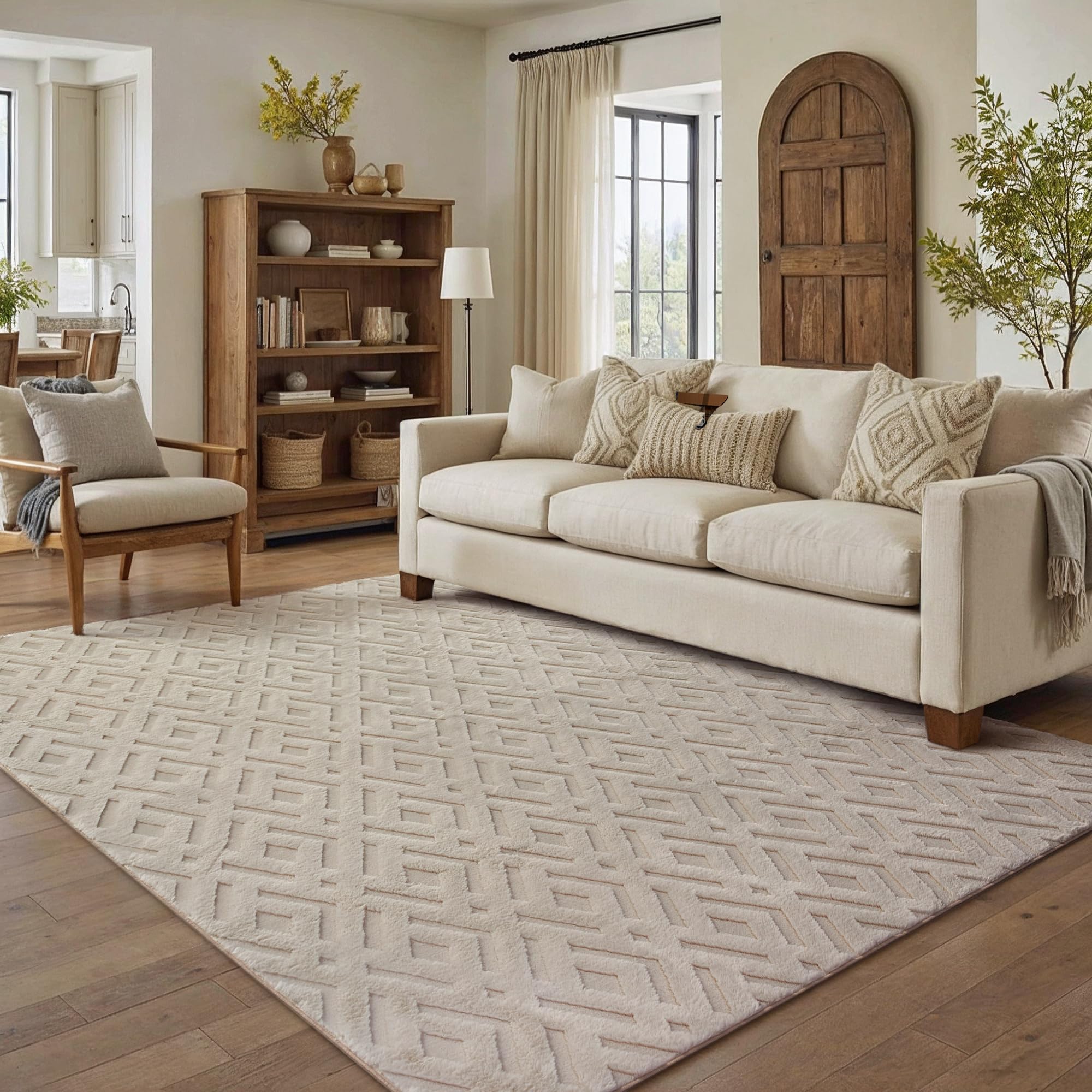 PureCozy Tappeto Salotto 160x230cm Beige Antiscivolo Lavabile Camera da Letto Grande Tappeti Moderno 3D Geometrico Carpet Sala Soggiorno Cameretta Bambino Ufficio Pelo Corto Rug