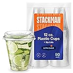 12 oz Clear Plastic Cups with Strawless Sip-Lids [50 Sets] PET Crystal Clear Disposable 16oz Plastic Cups with Lids - Crystal Clear, Durable Cup - BPA Free + Crack Resistant, for Coffee, Juice, Shakes