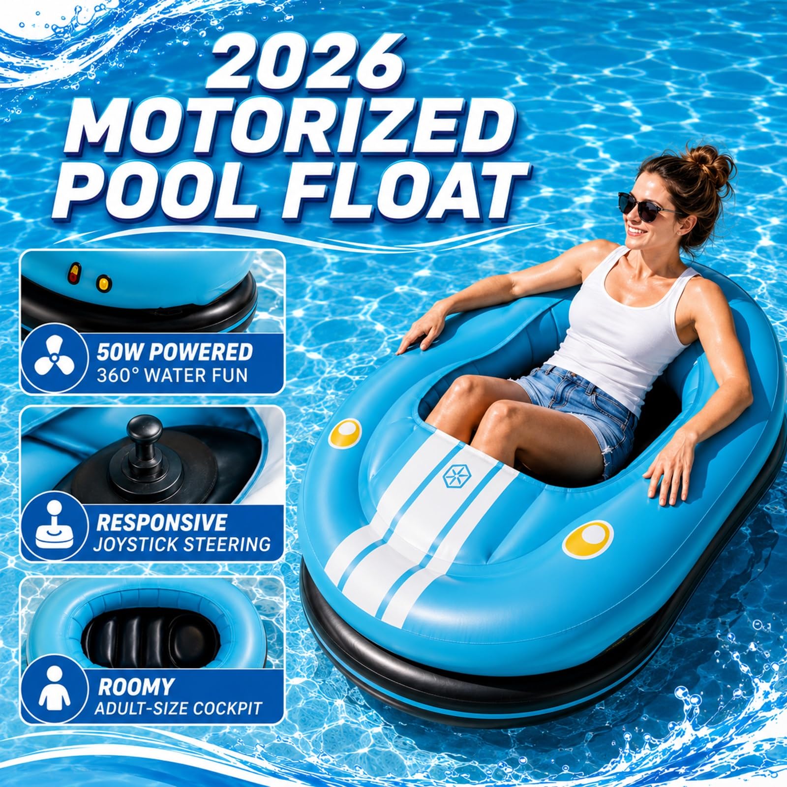 Bateau Auto-Tamponneur Électrique Gonflable et Flotteur Motorisé Adulte | Bouée Tamponneuse à Moteur 50W avec Rotation 360°, Joystick, Capacité 120kg, Pompe Sans Fil et 2 Batteries