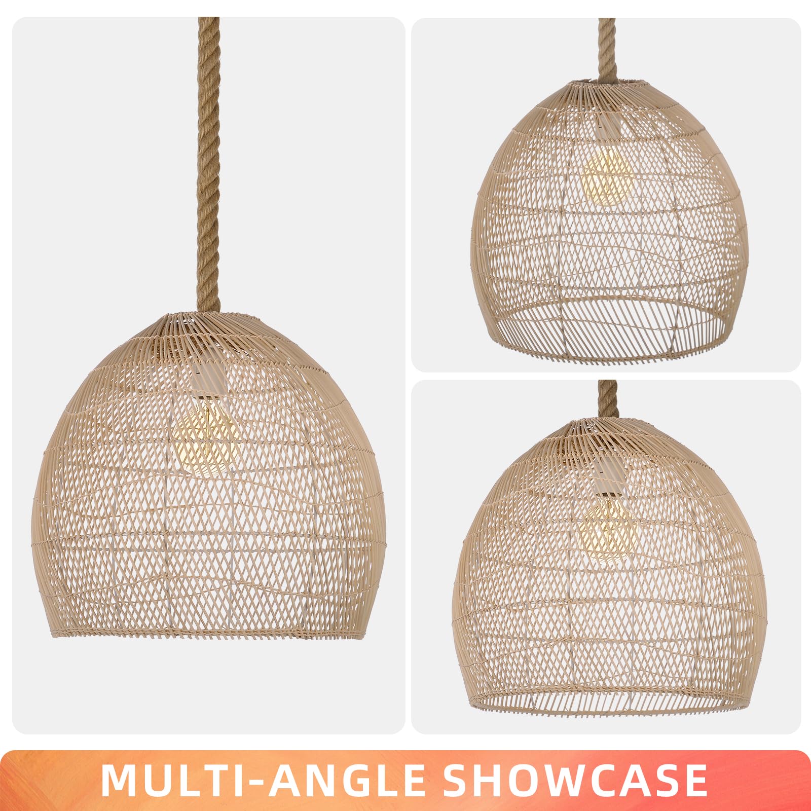 Lámpara colgante de ratán natural para isla de cocina, lámpara tejida con sombra, luz de techo colgante, lámpara de cuerda hecha a mano de 15.7 pulgadas x 13.7 pulgadas 6