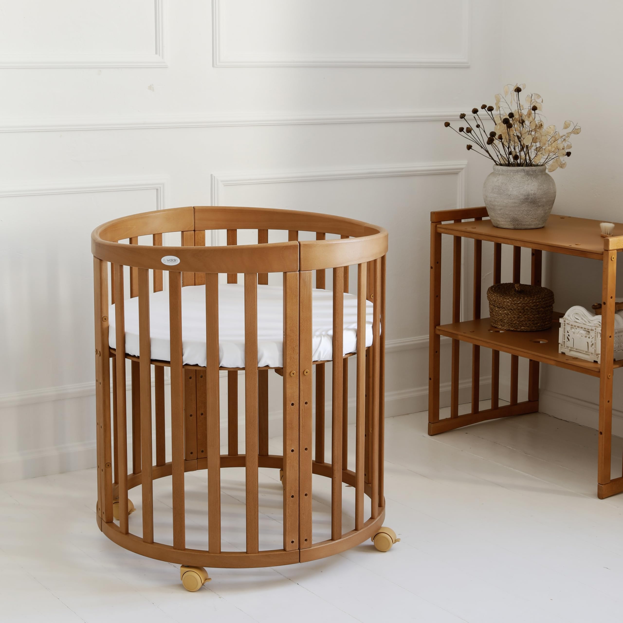 waldin Babybett 7in1, Matratze, Rollen, Regal, Vintage | Ohne Stoffset, Mitwachsend, Beistellbett aus Holz, Wiege optional