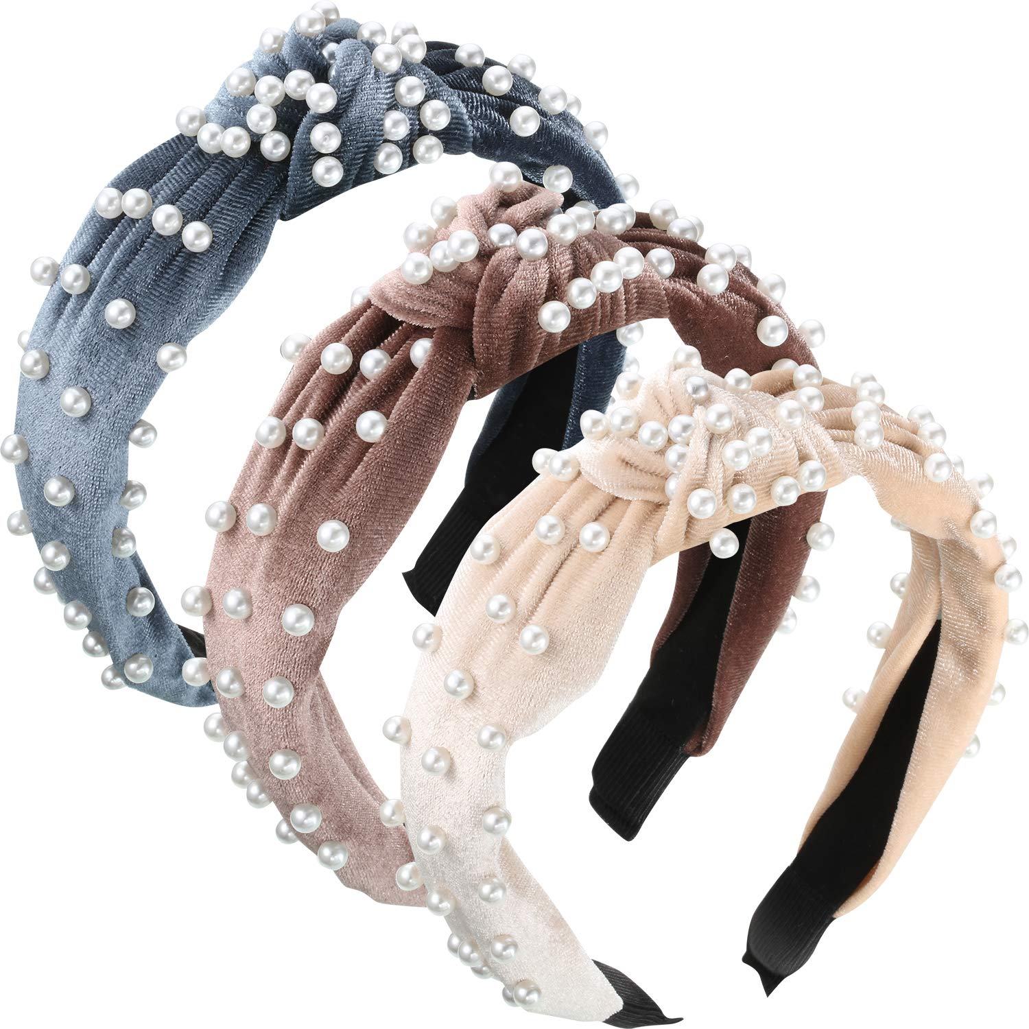 WILLBOND 3 Pieces Pearls Headband Knotted Headband for Women Velvet Pearls Headwear for Woman Hair Accessories (Beige, Pale Mauve, Black) ()