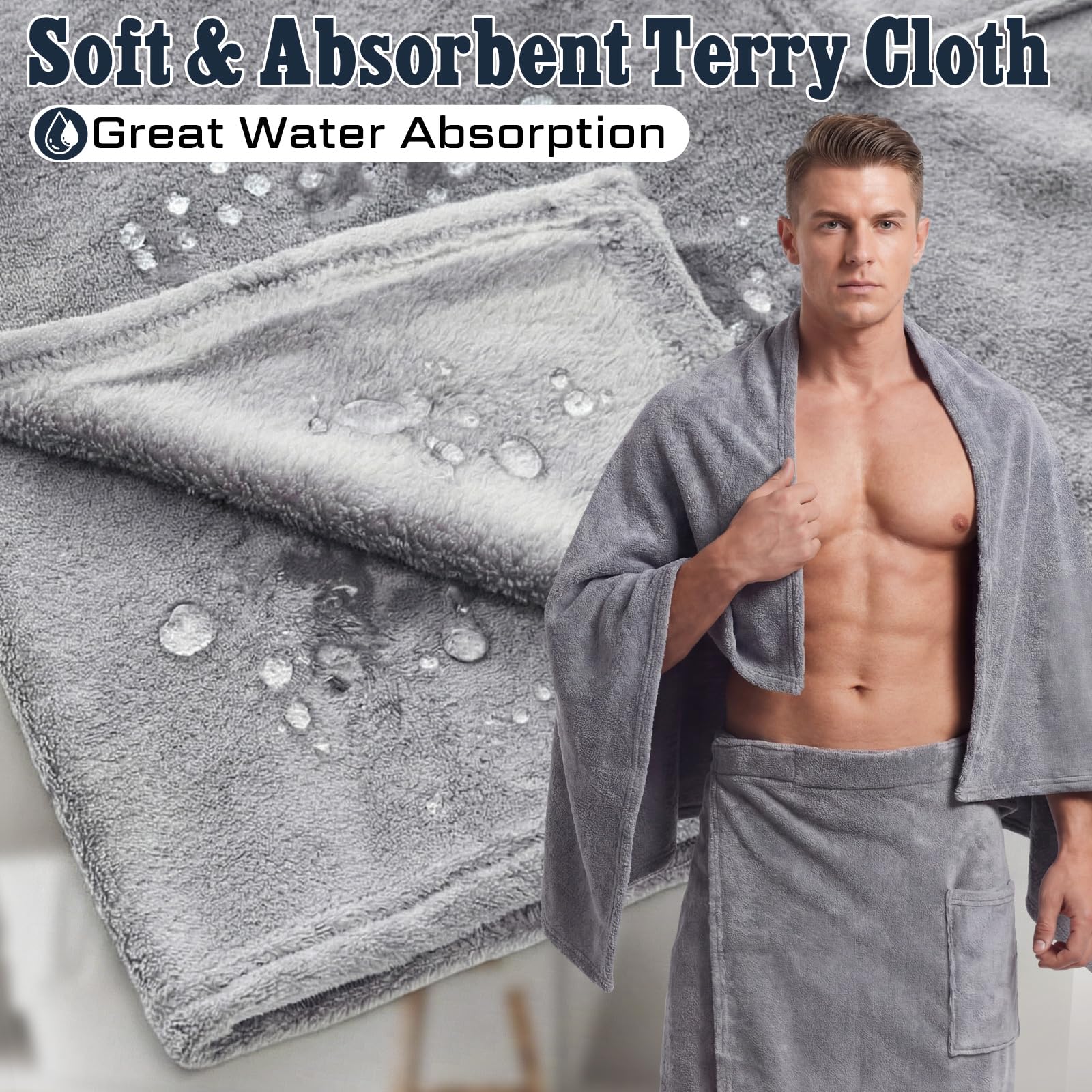 2 unidades para hombre, toalla de sauna, ajustable, con bolsillo, para después de la ducha, toalla de baño de rizo para hombres, ducha, baño, gimnasio (L, gris, blanco)