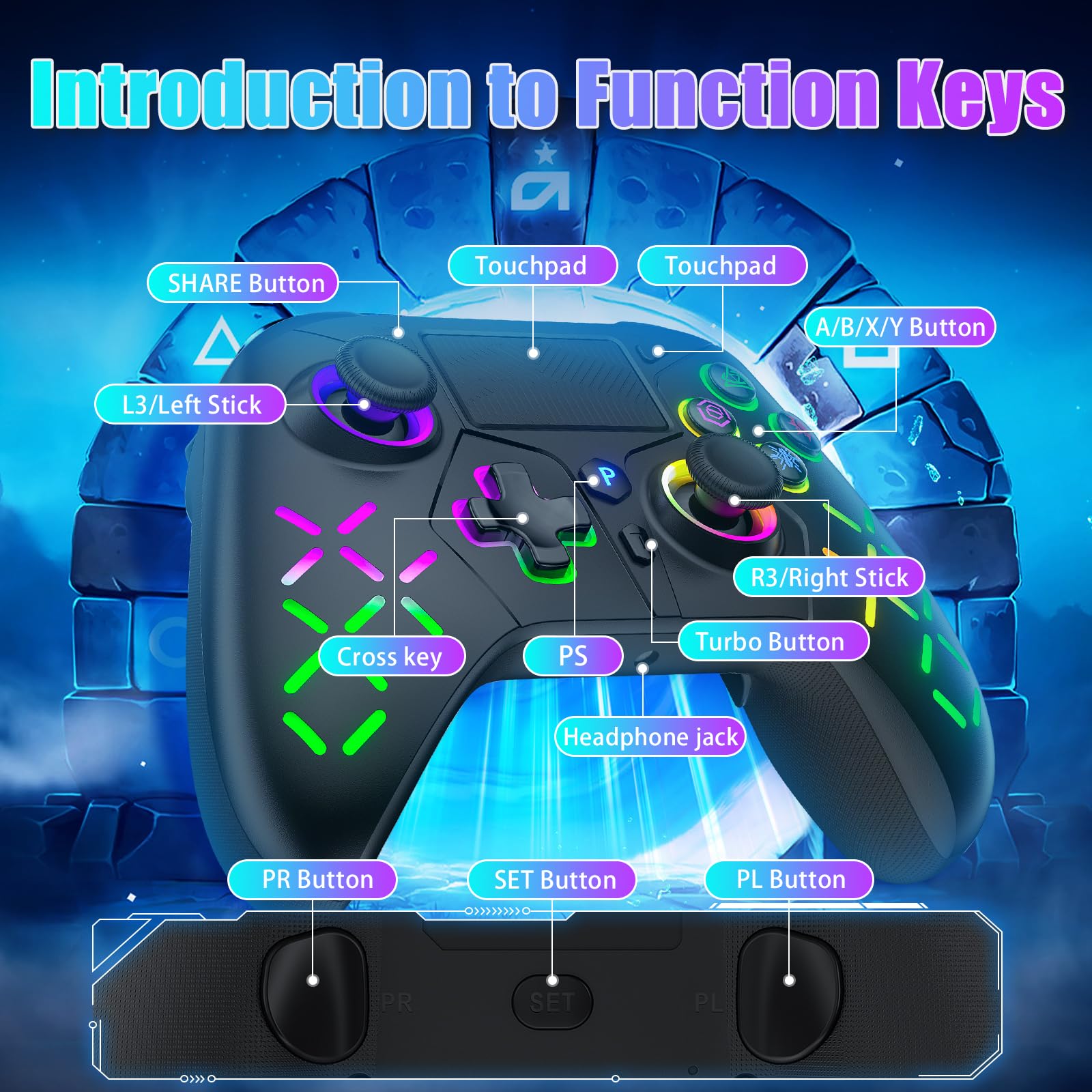Bonacell RGB Wireless Controller für PS5/PC/P4 mit Motor-Vibration, 6-Achsen-Sensor, Turbo, 3,5-mm-Audiobuchse, Touchpad