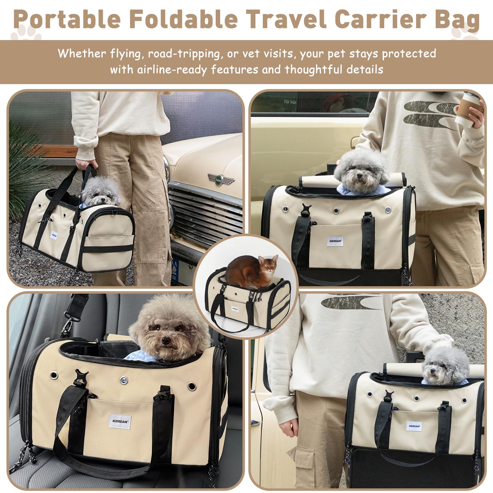 Transportador de viaje para mascotas de hasta 15 libras, bolsa de viaje plegable portátil con gran capacidad, aprobada por aerolíneas, impermeable, malla transpirable y lados suaves para