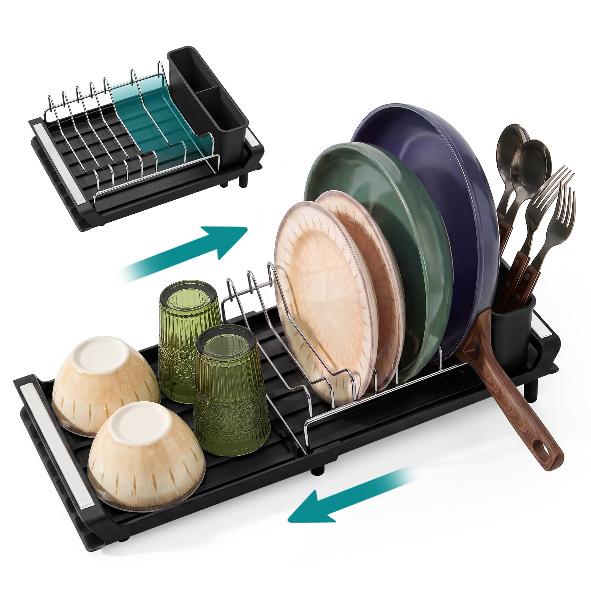 SONGMICS Expandable Dish Drainer Rack with Removable Cutlery Holder, Anti-Rust Small Dish Drying Rack for Sink, Kitchen Counter, with Draining Board, Ink Black CS044B101