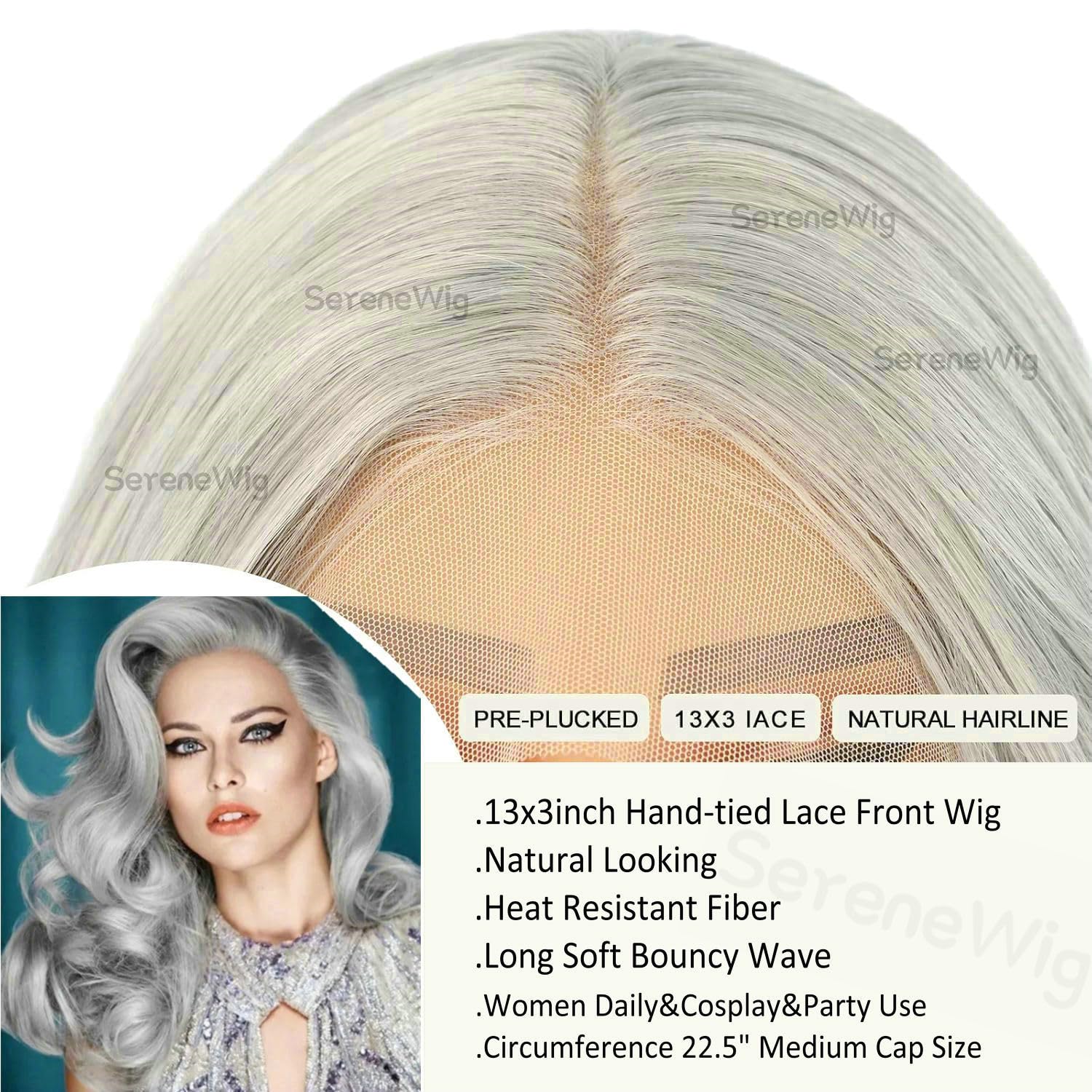SereneWig 13x3" Lace Pre Plucked Long Wavy Silver Gray Synthetic Lace Front Wigs Heat Resistant Natural Grey Hair Wig for Women Gifts Daily Use Cosplay Party Halloween Wig 24" - Image 4