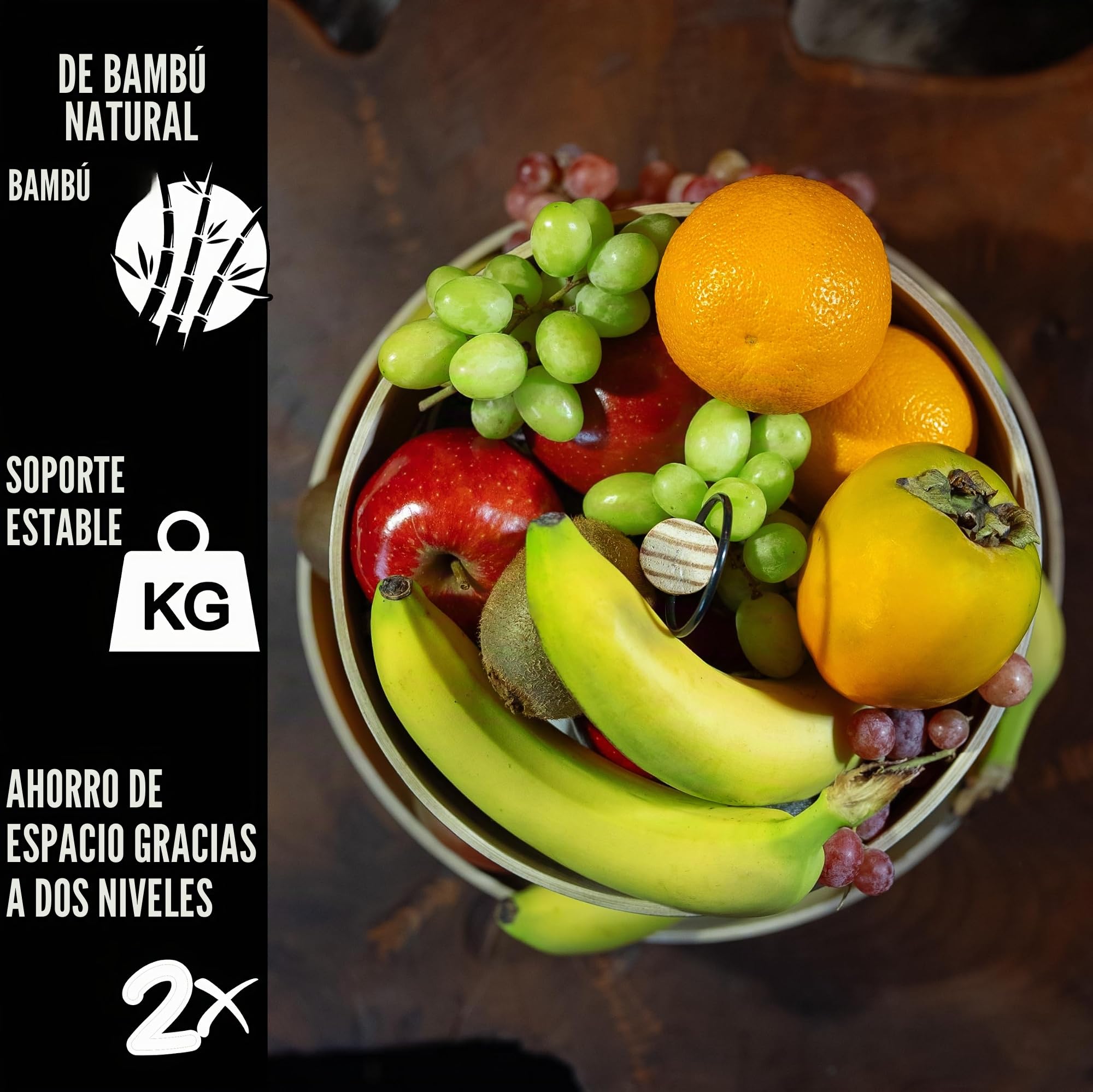 Tiali Frutero de bambú de 2 pisos – Madera para mucho espacio de almacenamiento – Cesta de fruta blanca de bambú natural para frutas frescas – Fruit Basket – Frutero moderno para toda la familia