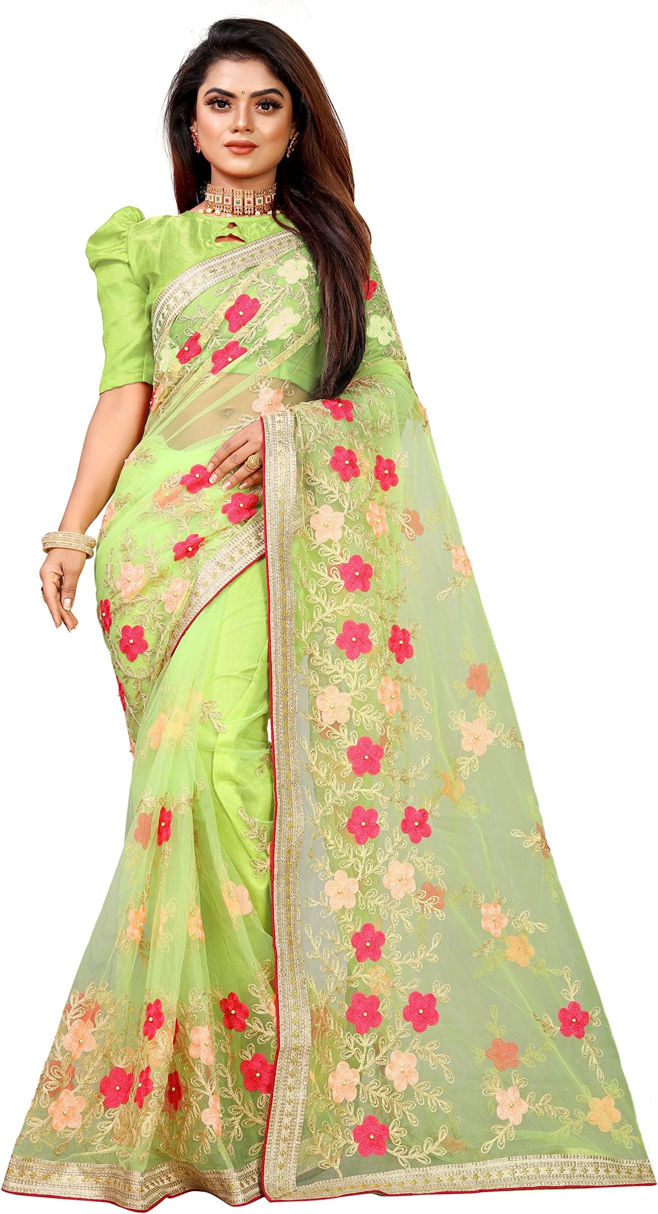BARKIYA CREATION Women's Net Saree With Unstiched Blouse Piece