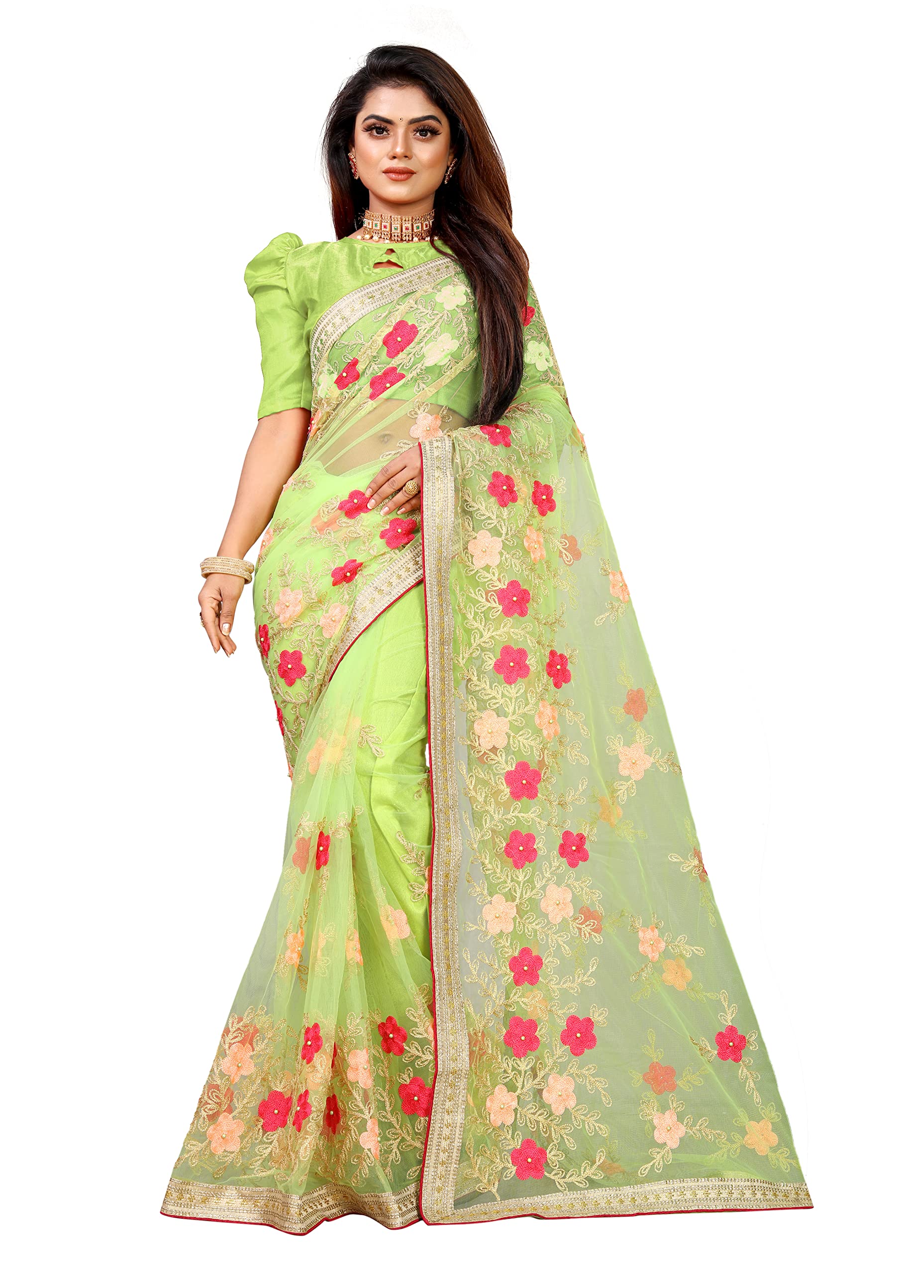 BARKIYA CREATION Women's Net Saree With Unstiched Blouse Piece