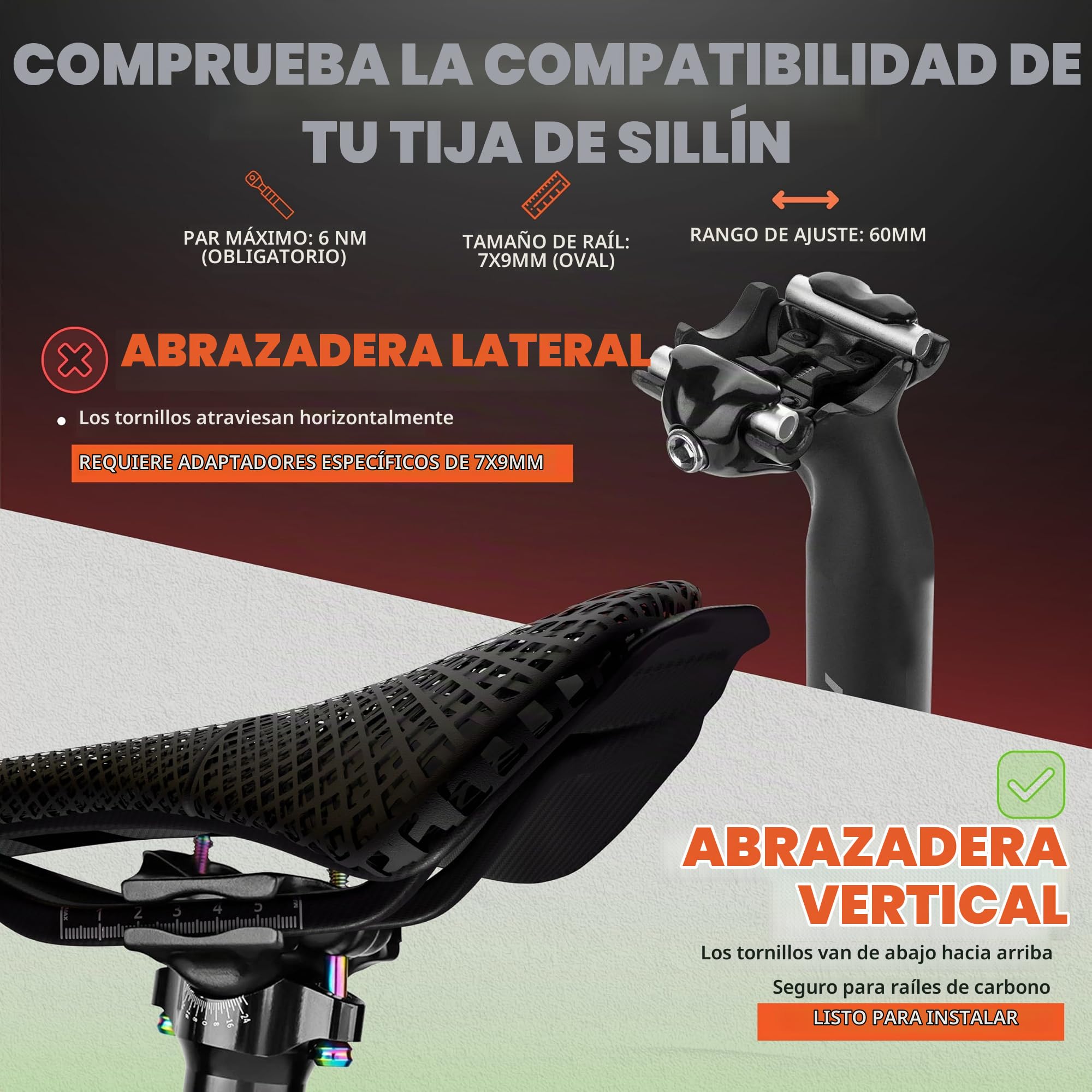 IMPALAPRO Sillín de Carbono Impreso en 3D Ultraligero 195g Firmeza Media | Sillín 3D Carbono T800 Compacto 250x140mm - Sillín bicicleta 3D con Hueco Ergonómico Transpirable — Raíles Ovalados 7x9mm