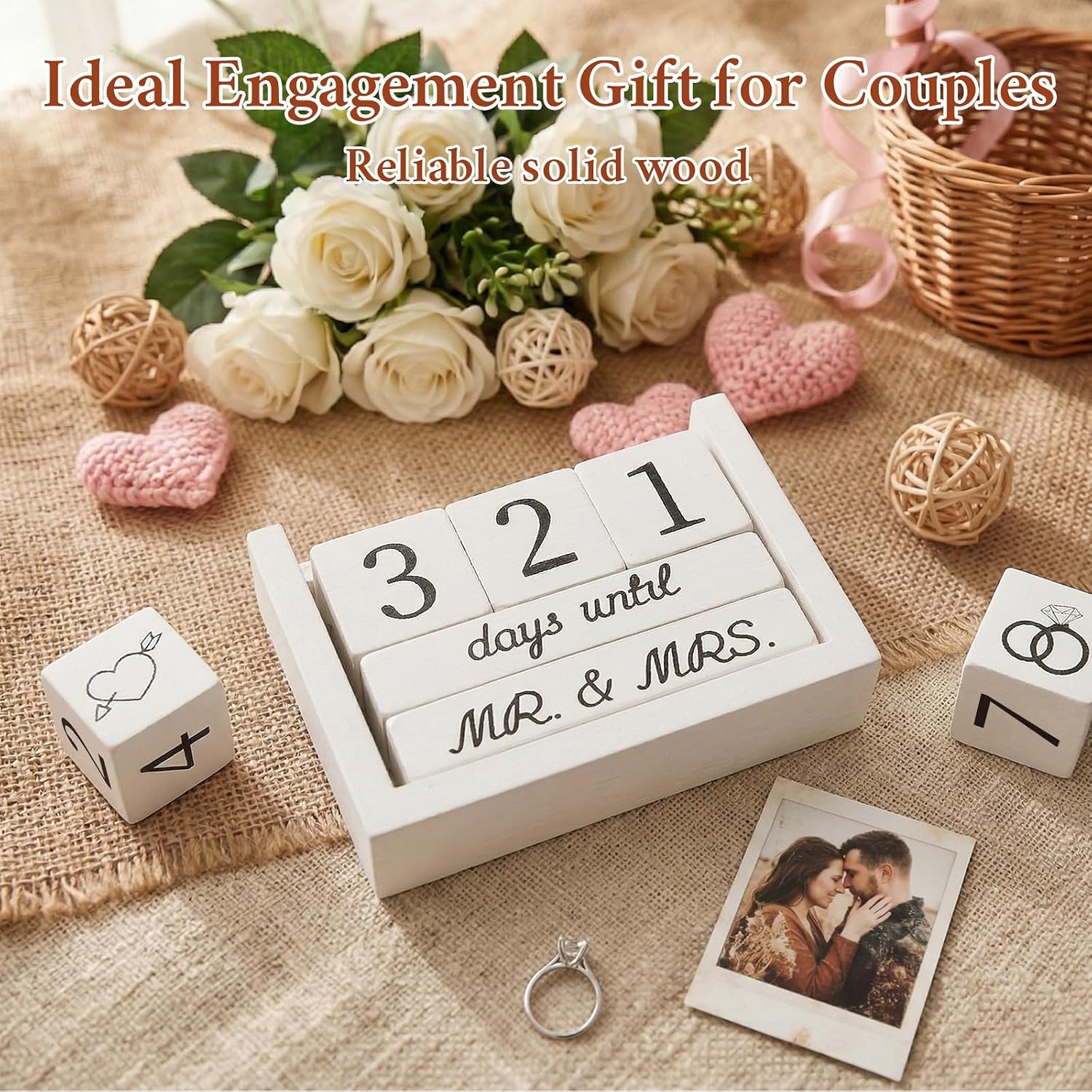 Wedding Countdown Calendar Blocks - Engagement Gifts for Couples, Bride-to-Be Gift, Engagement Party Decorations Home Decor, Wooden Days Until Mr & Mrs Sign