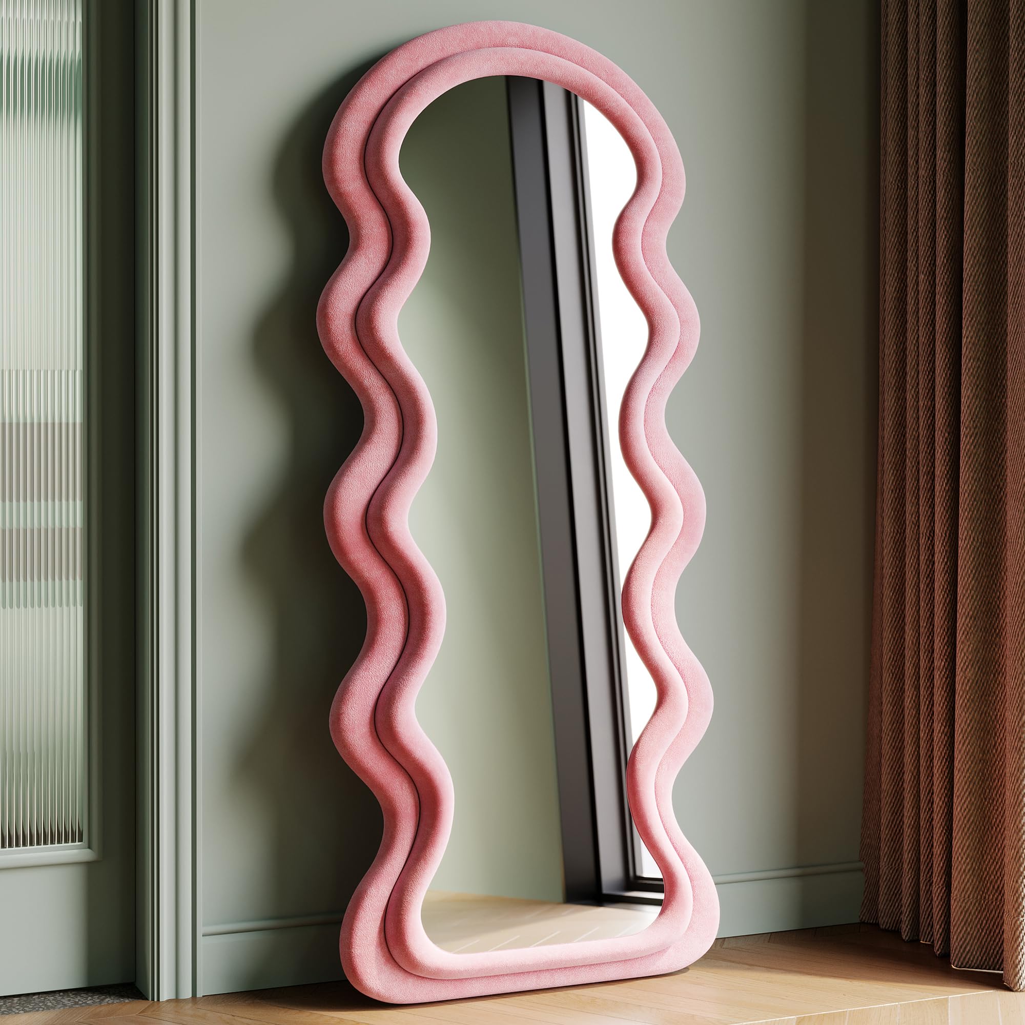 Espejo ondulado asimétrico grande, espejo de cuerpo entero, espejo de pared con marco de madera envuelto en franela, colgante o inclinable, rosa, 160 x 60 cm