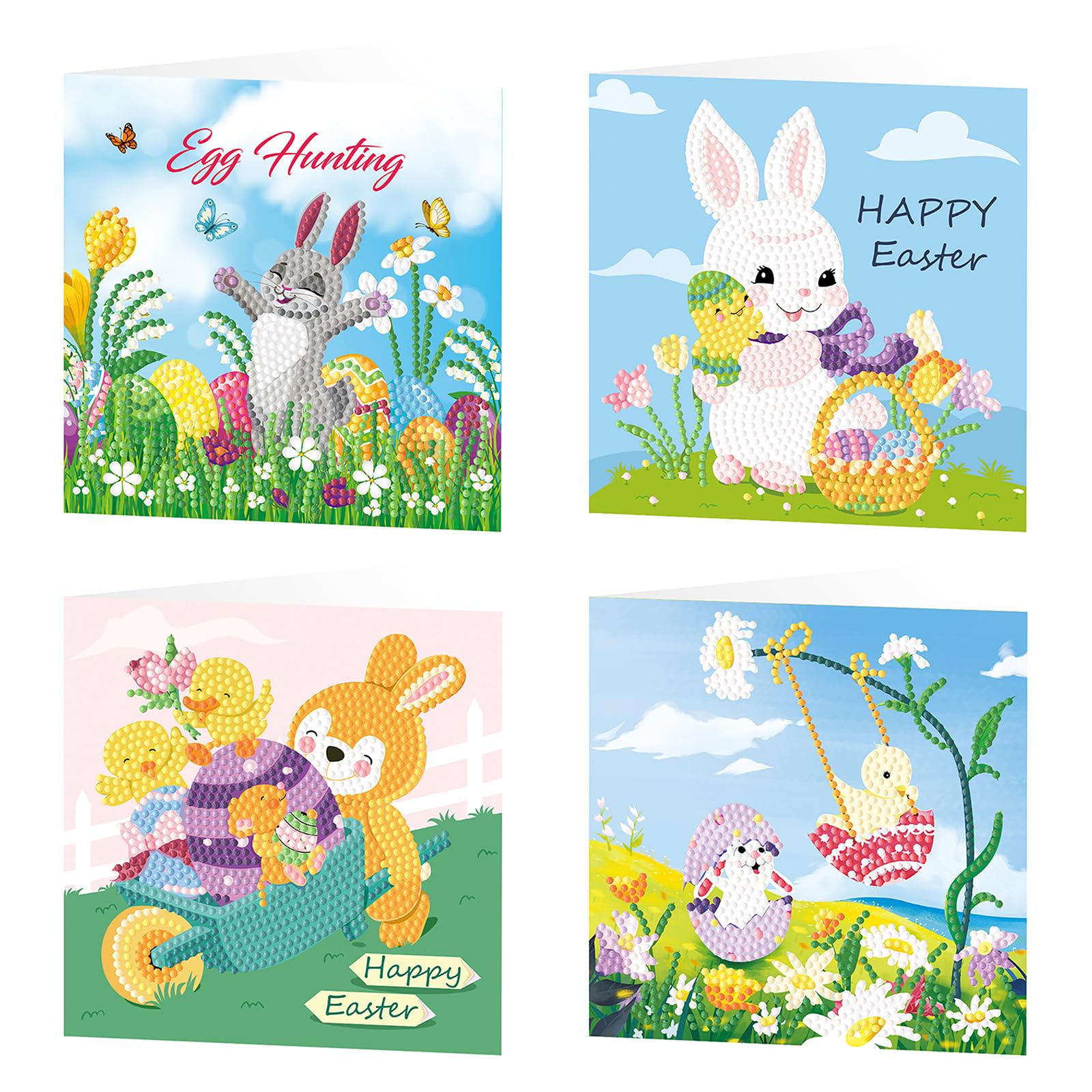 POETRYDRAW 4Pcs Rabbit Easter Egg DIY Diamond Art Greeting Cards with Envelopes 5D Rhinestone Arts Postcards for Adults & Families