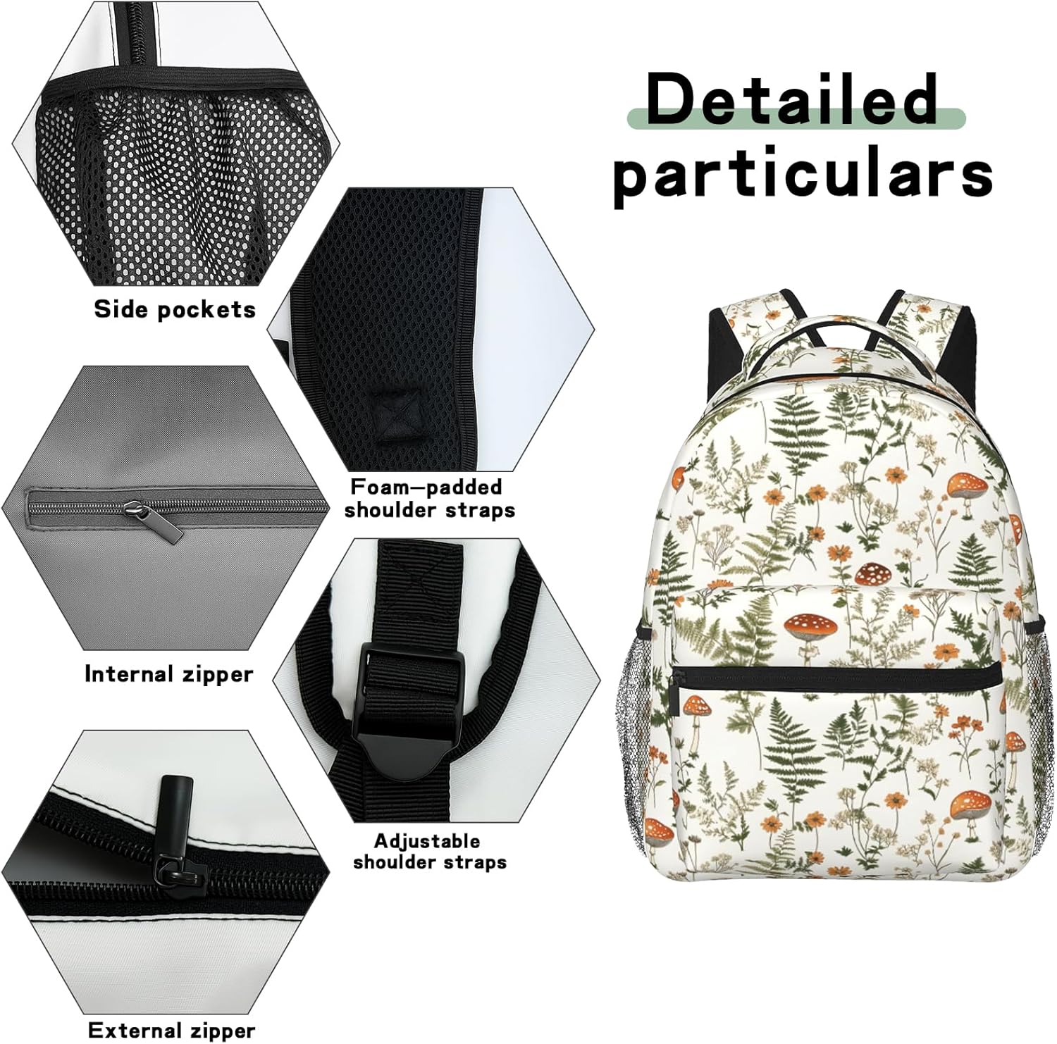 Botanical Casual Backpack, Lightweight Laptop Bag Daypack, Mushroom Fern Wildflower Backpacks for Women Men Teens Students, Nature Polyester Bookbag Gifts for School Work Travel Hiking
