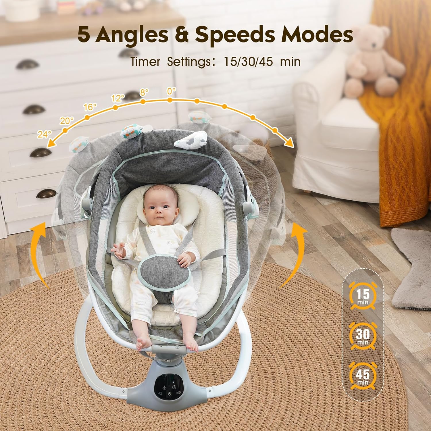 Electric Baby Swing for Infants to Toddler, Portable Swing Baby Rocker with 5 Point Harness, 5 Sway Speed, Bluetooth,12 Preset Lullabies with Remote Control, Infant Swing for Baby Boys & Girls, Grey