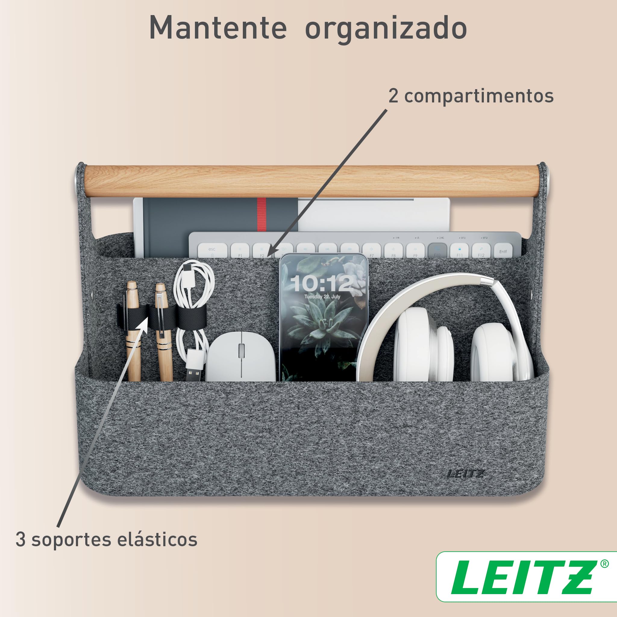 Leitz Organizador de escritorio portátil con asa, organizador portátil de escritorio de oficina con mango de madera, ideal para espacios de trabajo y oficinas de hotdesk - 38 x 19 x 25,5 cm (largo x