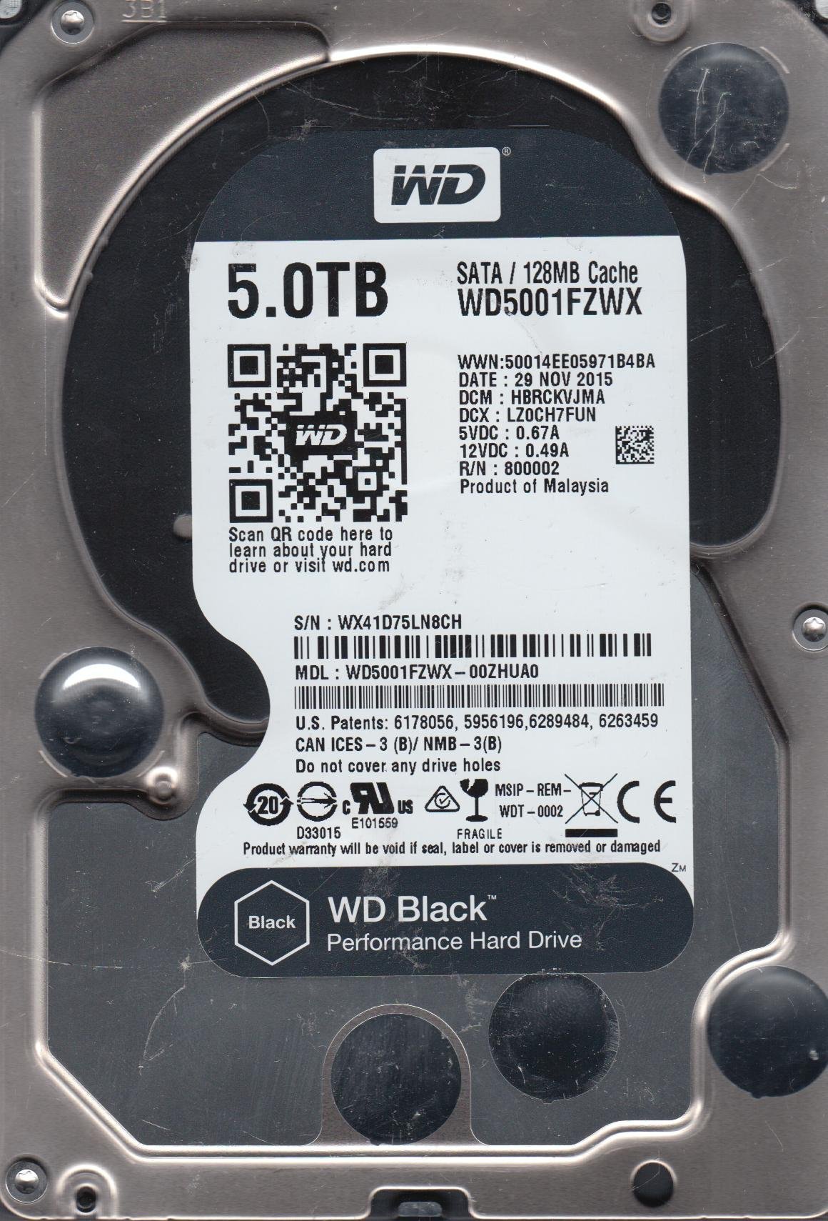 Western Digital WD5001FZWX 3.5インチHDD 5TB WD5001FZWX-00ZHUA0, DCM HBRCKVJMA, Western Digital 5TB SATA