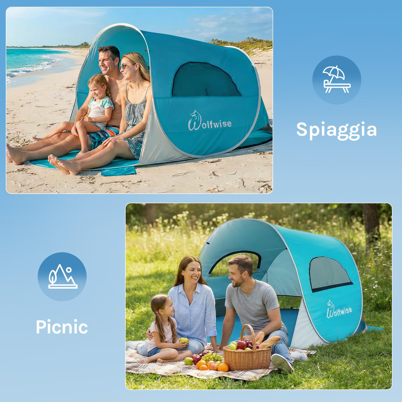 WolfWise Tenda Pop up Istantaneo, Spiaggia UPF 50+, Tenda Automatica Portabile Riparo dal Sole per Famiglia/Pesca/Trekking/Picnic