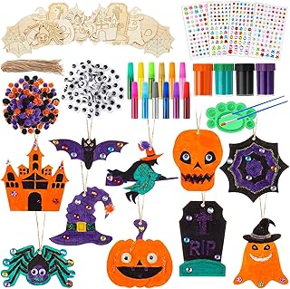 Yerliker 40 Sets Wooden Ghost for Crafts Unfinished Halloween Slices Wood Painting Crafts Kit Halloween Ornaments Hanging Decorations for Parties Gifts Arts