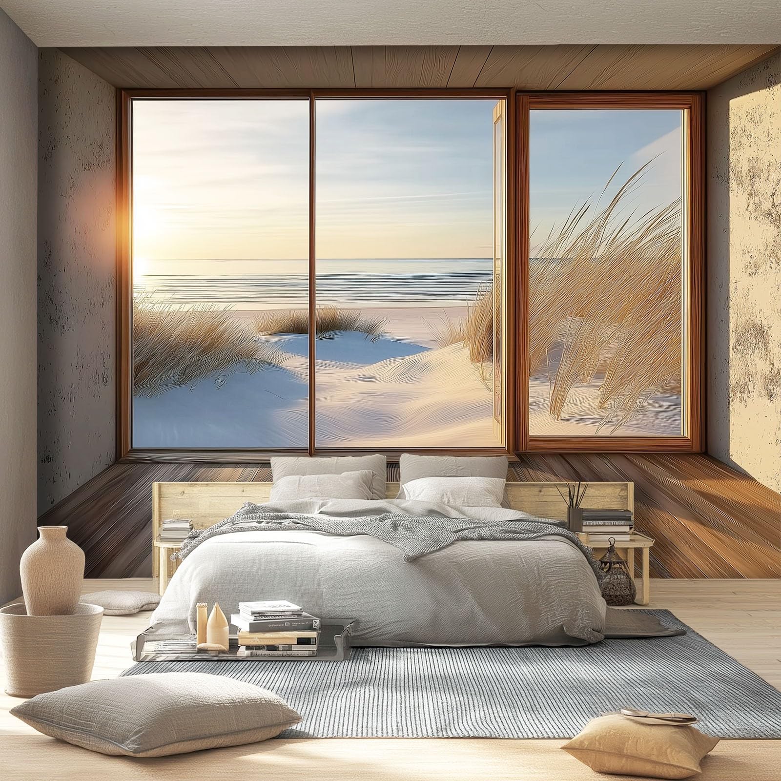Kolorowa tapeta z włókniny mural plaża śnieżny krajobraz drewniana rama, niesamoprzylepna, 400 x 280 cm nadaje się do dekoracji sypialni i salonu