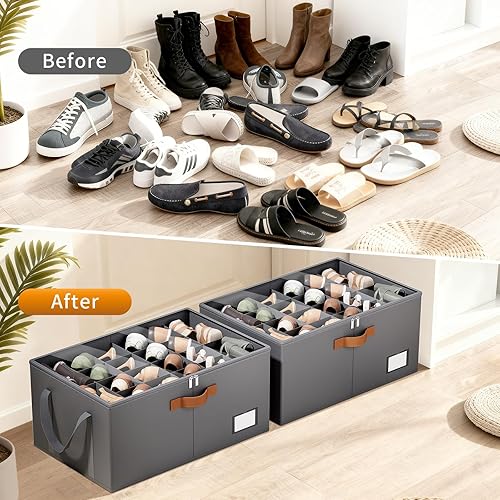 Miniatura 6 de Paquete de 2 organizadores de zapatos para armario, se adapta a hasta 20-40 pares, contenedores de almacenamiento apilables con cubierta