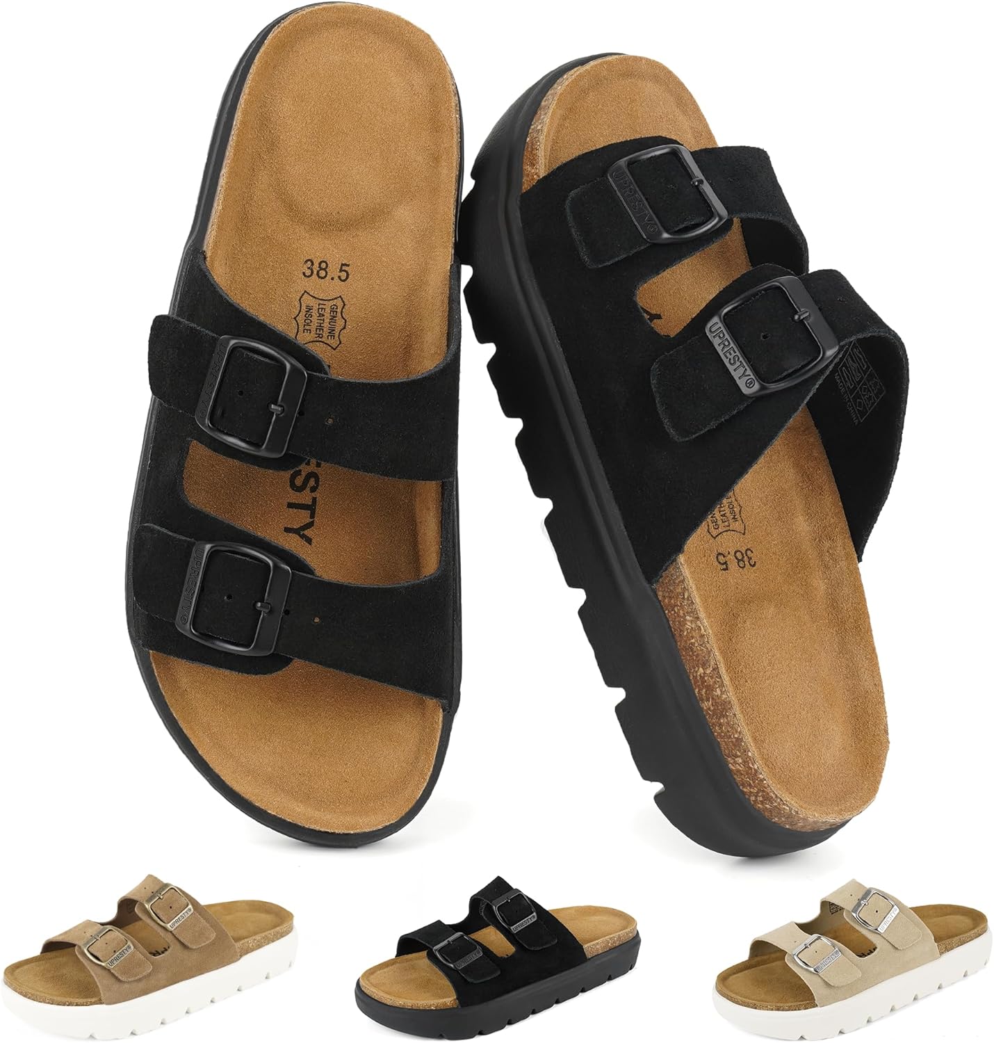 Genuine Suede Platform Sandals for Women 2026 with Arch Support - Comfortable Cork Footbed Sandals with Adjustable Double Buckle Straps, Open Toe Ladies Slides Sandals for Casual