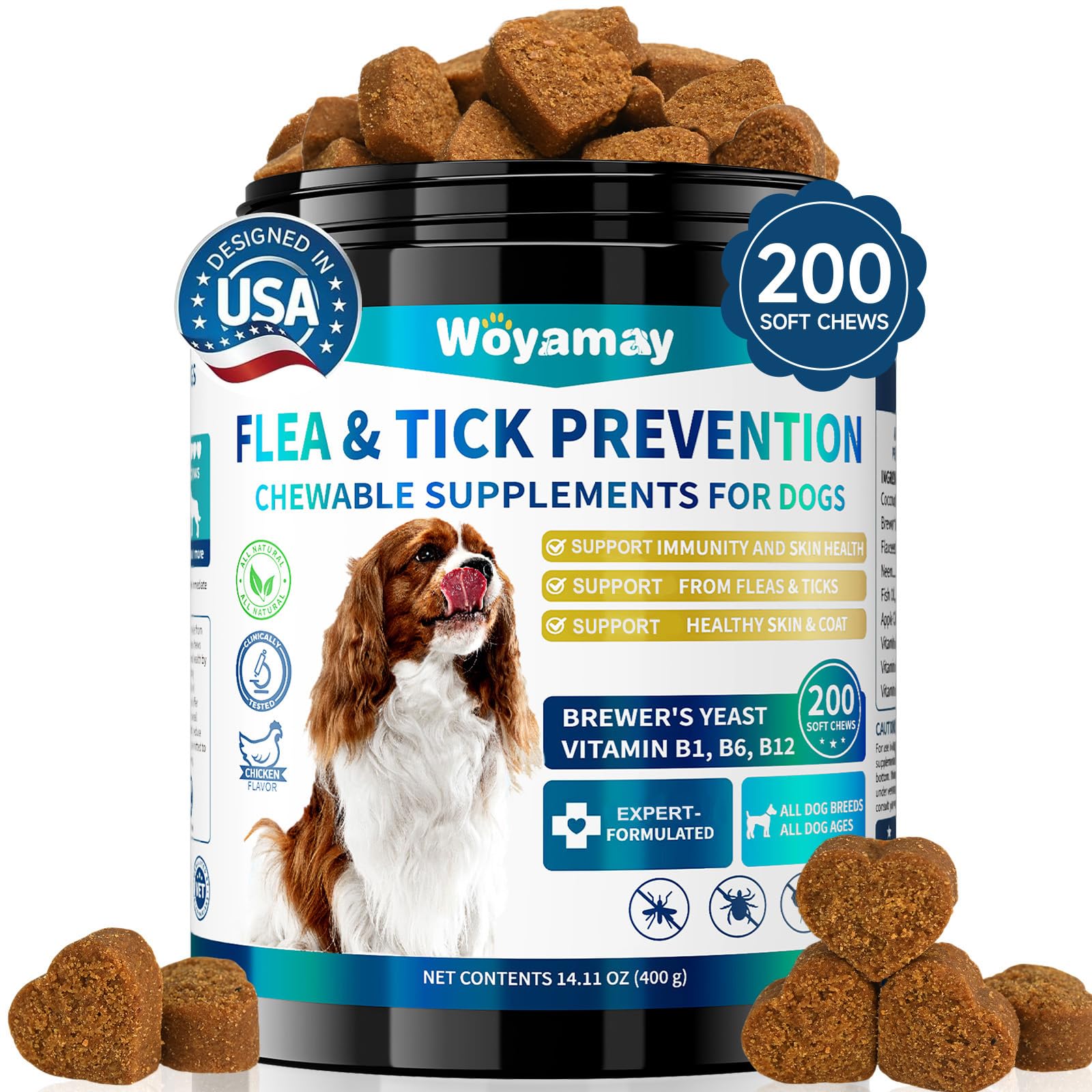 200 Natural Dog Flea and Tick Support Chew for Dogs, Dog Flea & Tick Supplement for Dogs and Puppy of All Breeds – Chicken Flavor