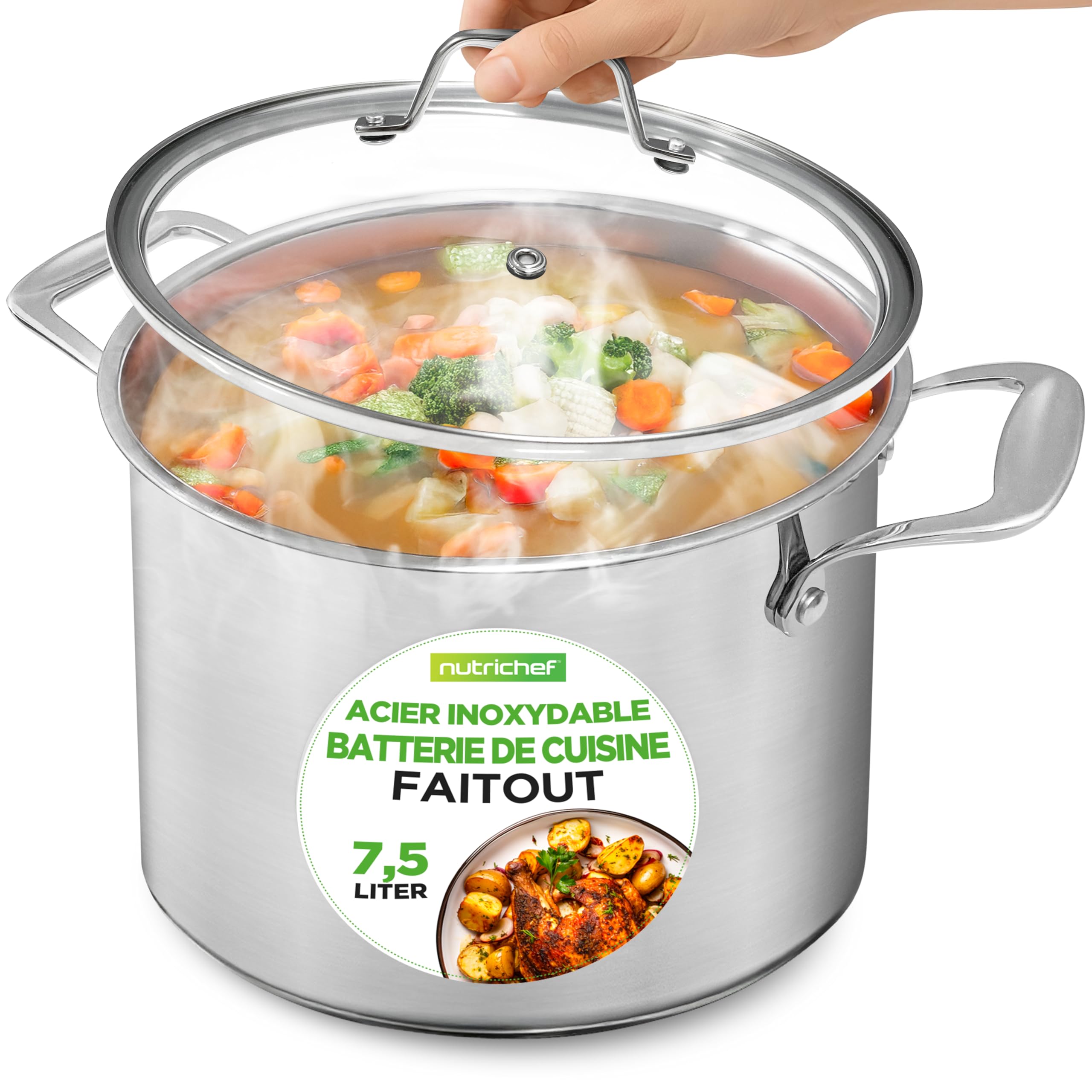 NutriChef Marmite en Acier Inoxydable de 7,​5 Litres-​Grande Marmite Résistante de Qualité Alimentaire 18/​8 pour Bouillons,​Soupes et Sauces, Avec Couvercle en Verre Transparent, Compatible avec Tous les