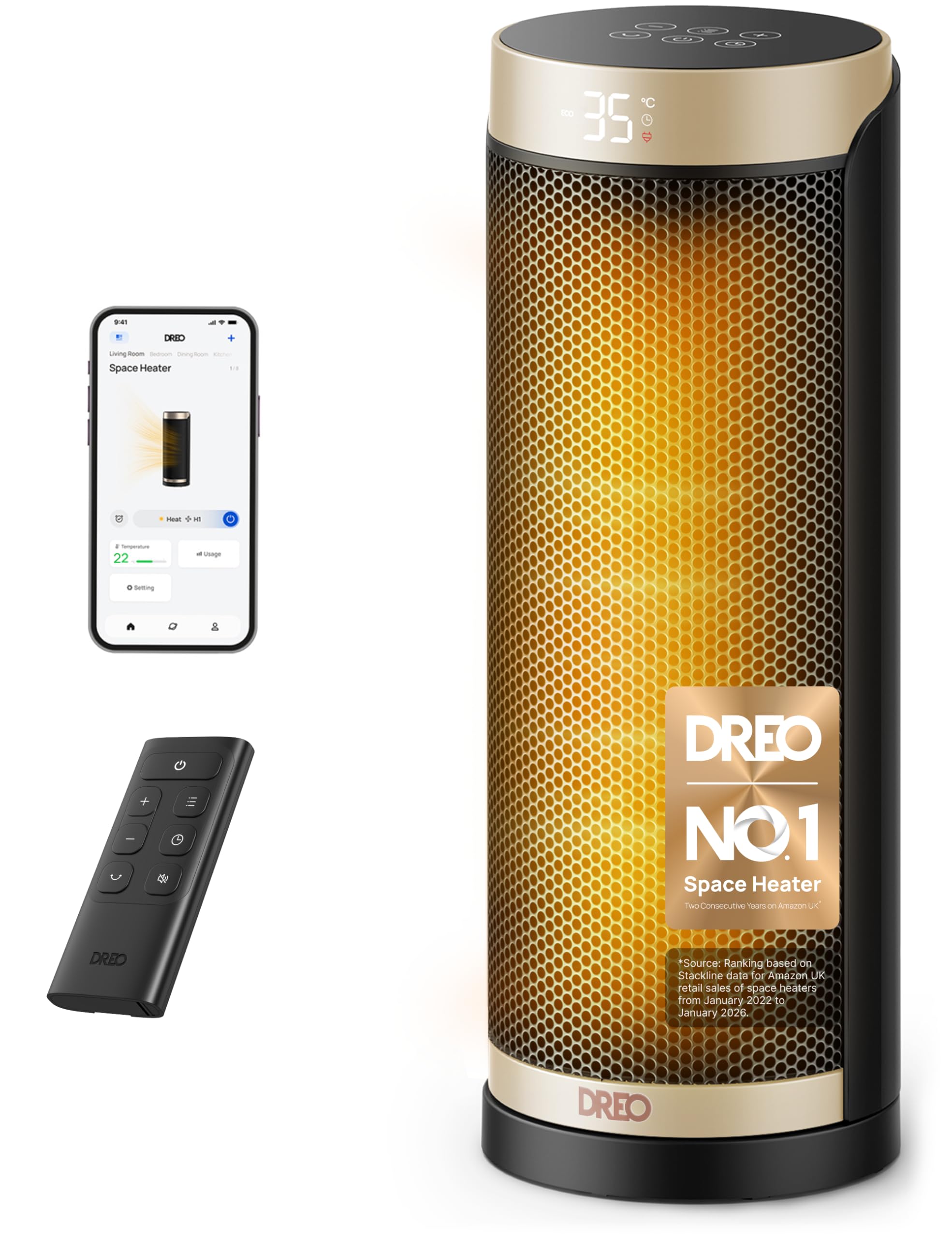 Dreo 2000W Smart Space Heater for Bedroom, 16 Inch Portable Heaters with 70°Oscillation, Electric Heater, with Thermostat & Remote, 3-Mode 3-Speed, 12H Timer for Office Home, Solaris Slim H3S