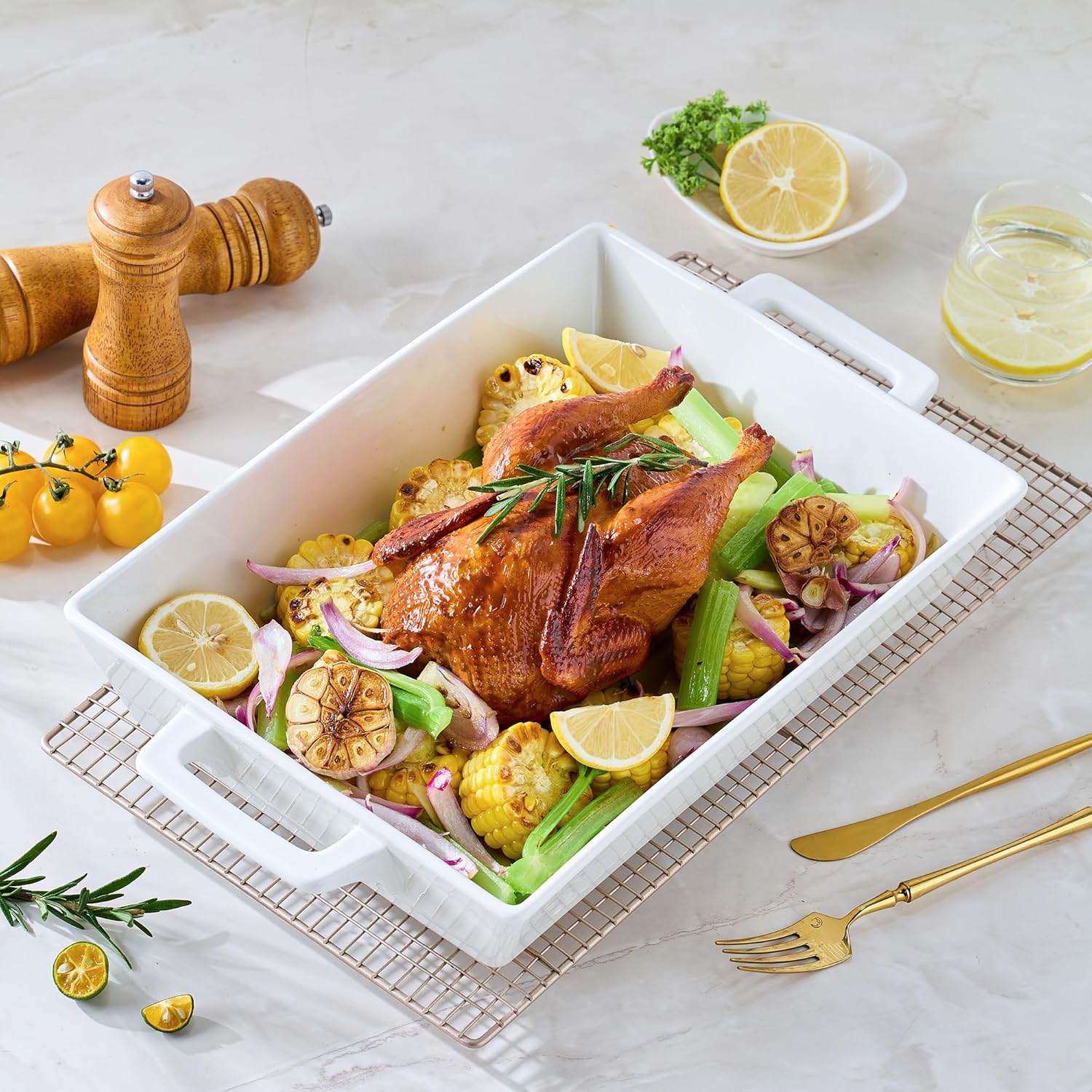 4.6 Qt Large Rectangular Ceramic Baking Dish, 14x10 Inch Deep Casserole Lasagna Pan with Handles for Cooking, Roasting, Serving, and Daily Use, Safe for Oven Microwave Dishwasher Freezer