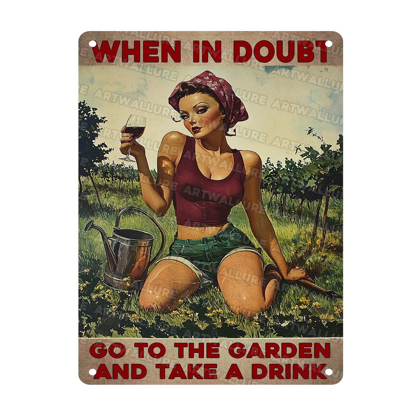 Retro Garden Metal Poster Rustic Home Decor Vintage Tin Plaque When In Doubt Go To The Garden Drink Quote 12x16Inch