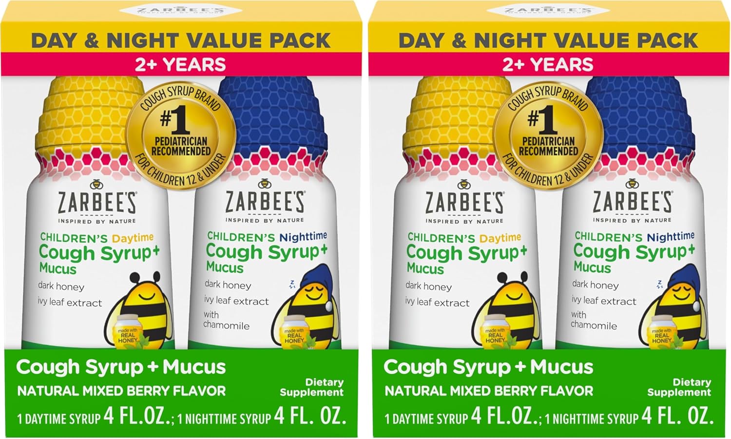 Zarbee's Children’s Honey Cough Syrup + Mucus Day & Night Value Pack,Daytime & Nighttime Toddler Cough Syrup,Dark Honey,Ivy Leaf Extract,Chamomile,Mixed Berry Flavor,4 Fl Oz,(Pack of 4)
