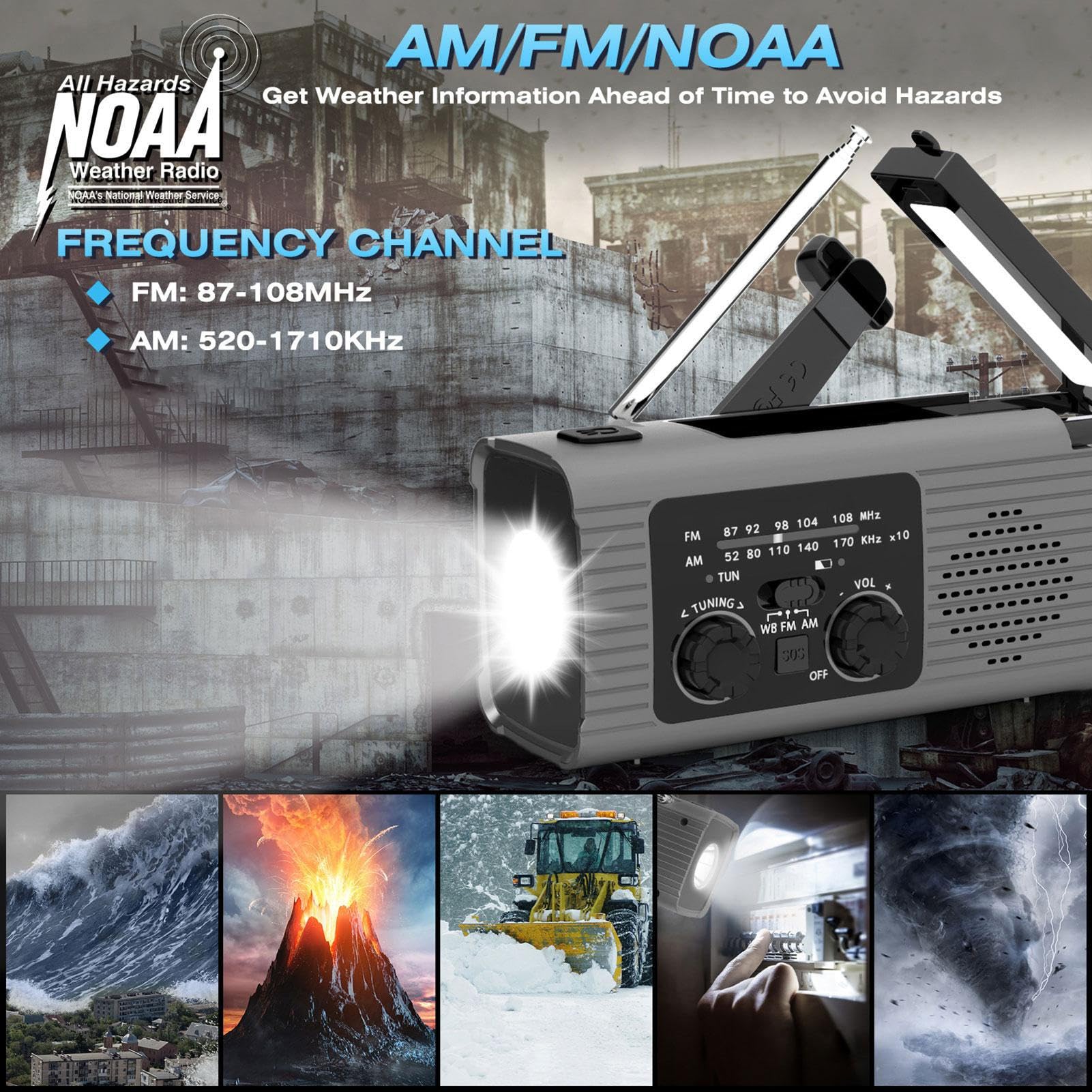 Am/FM/NOAA Emergencys Radio con Solar Recargable Radio De Dinamo, Linterna LED, Alarma SOS Y Dinamo De Manivela, Equipo De Emergencia para Camping para Viajes Largos Viajes por Carretera