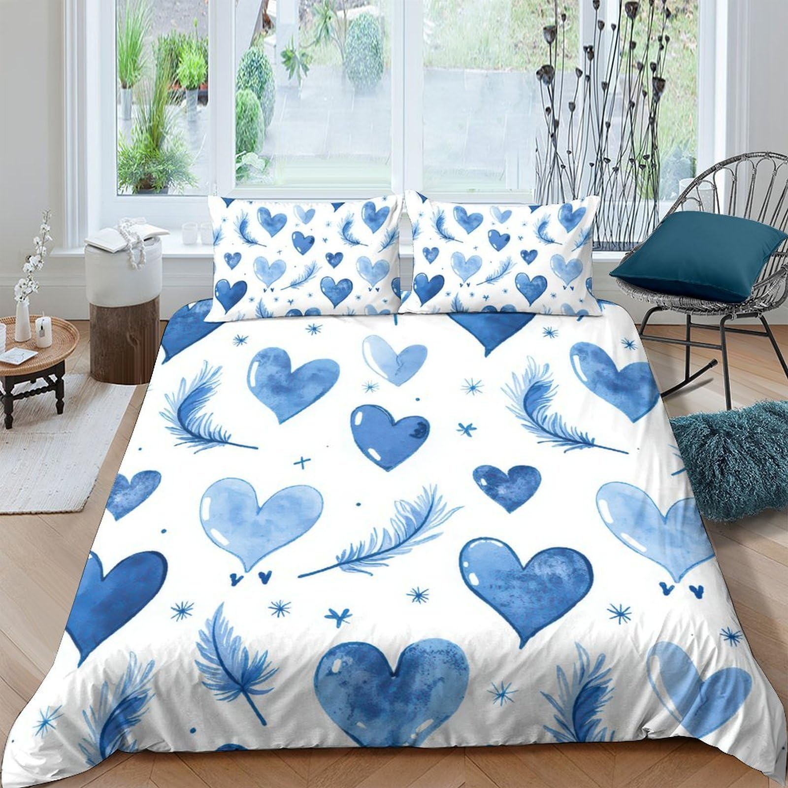 Ctjqhvkz Style-4 3D Printed Blue Heart Feather Fitted Sheet Microfiber Soft Decorative Mattress Cover For Bedroom Guestroom Single（135X200cm）