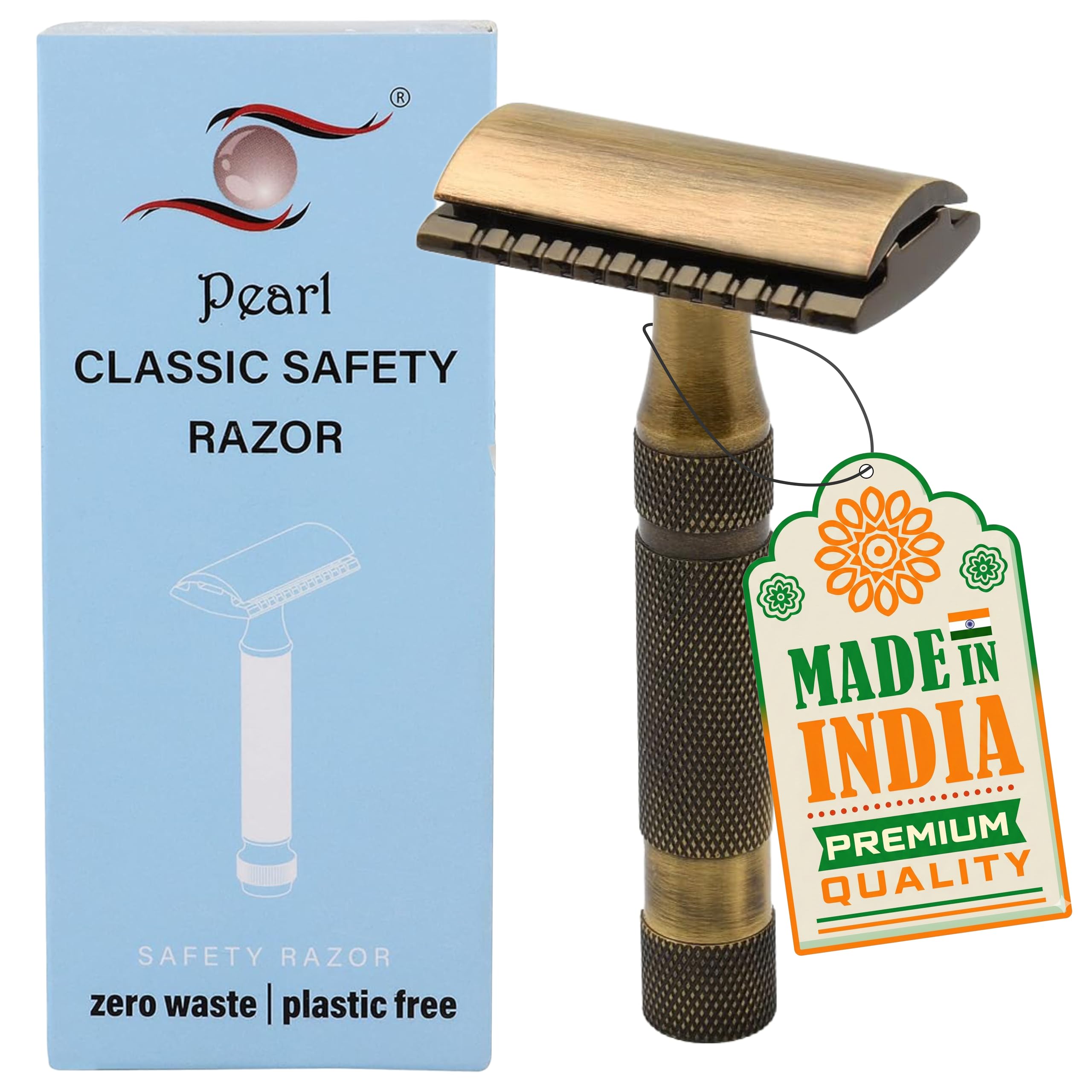 Pearl Shaving Premium Reusable Double Edge Safety Razor - Precision Shaving, Eco-Friendly, Gentle on Skin, Antique Brass Finish, Men's Shaving Kit | Father Day gift options