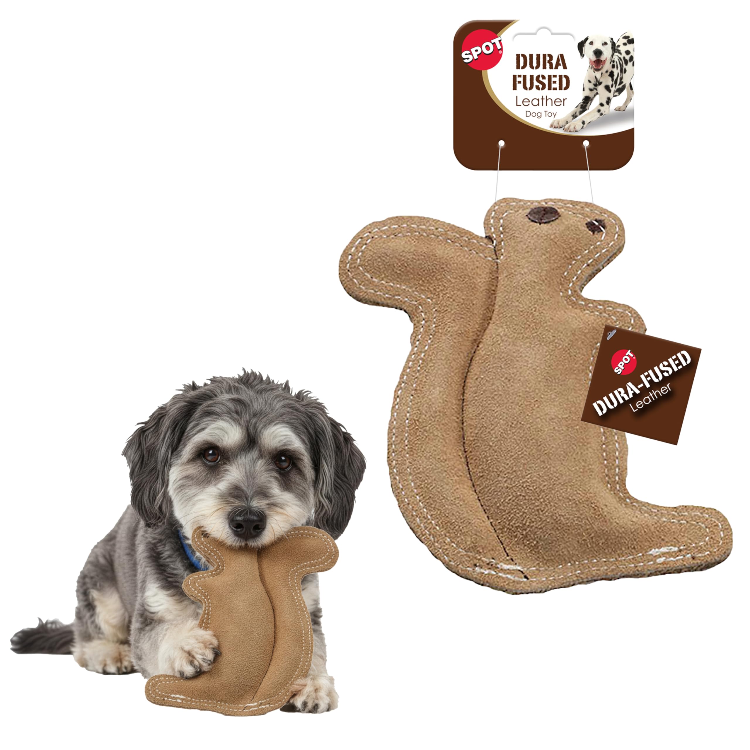 SPOT Dura-Fused Leather Squirrel Dog Toy – Real Leather & Jute Fabric, Double-Stitched & Durable, Soft Stuffed Squeaky Interactive Chew Toy for