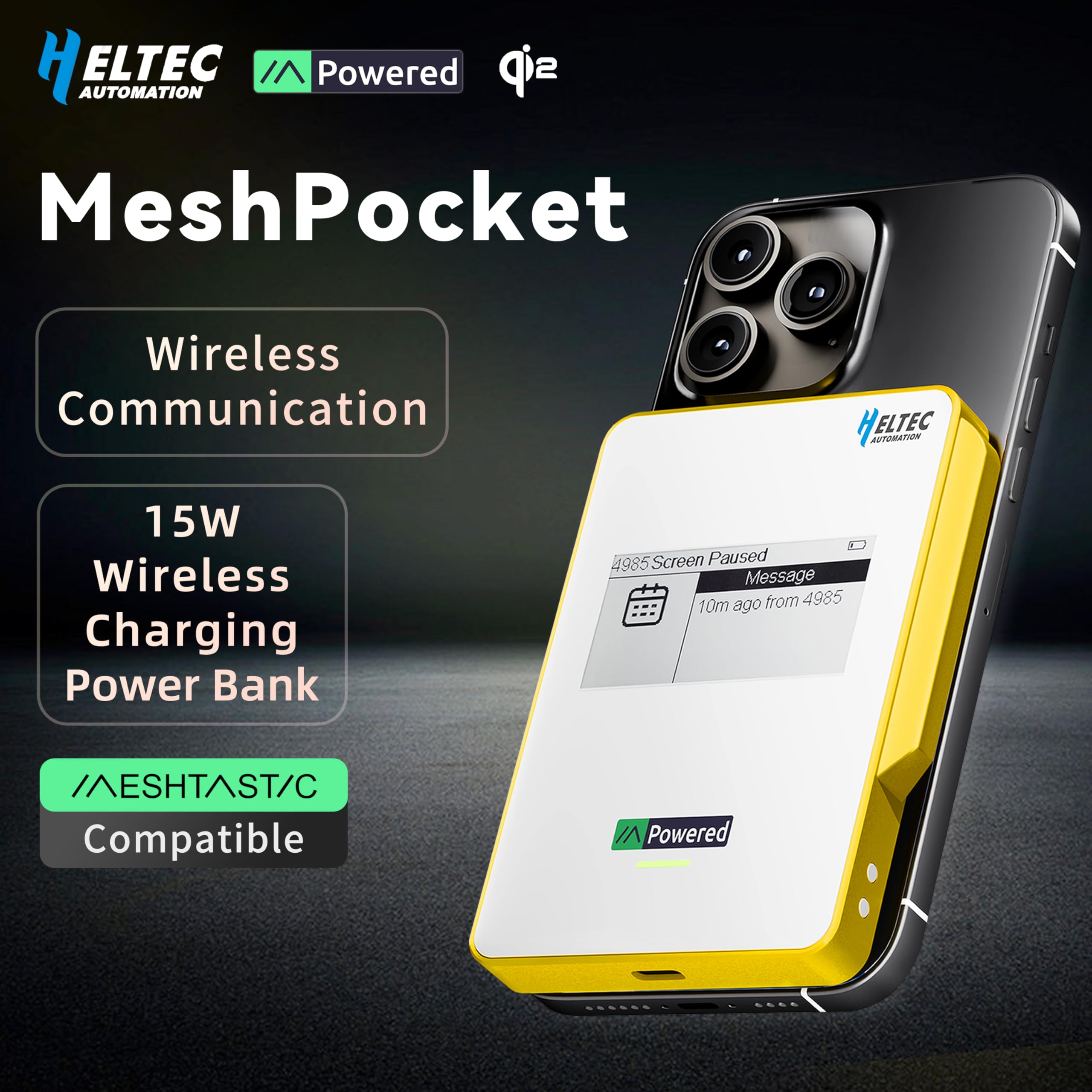 Heltec Meshtastic & LoRa magnetyczny powerbank kompatybilny z wyświetlaczem E-Ink nRF52840 i SX1262, bezprzewodowe ładowanie 10000 mAh/5000 mAh do użytku na zewnątrz - MeshPocket Qi2