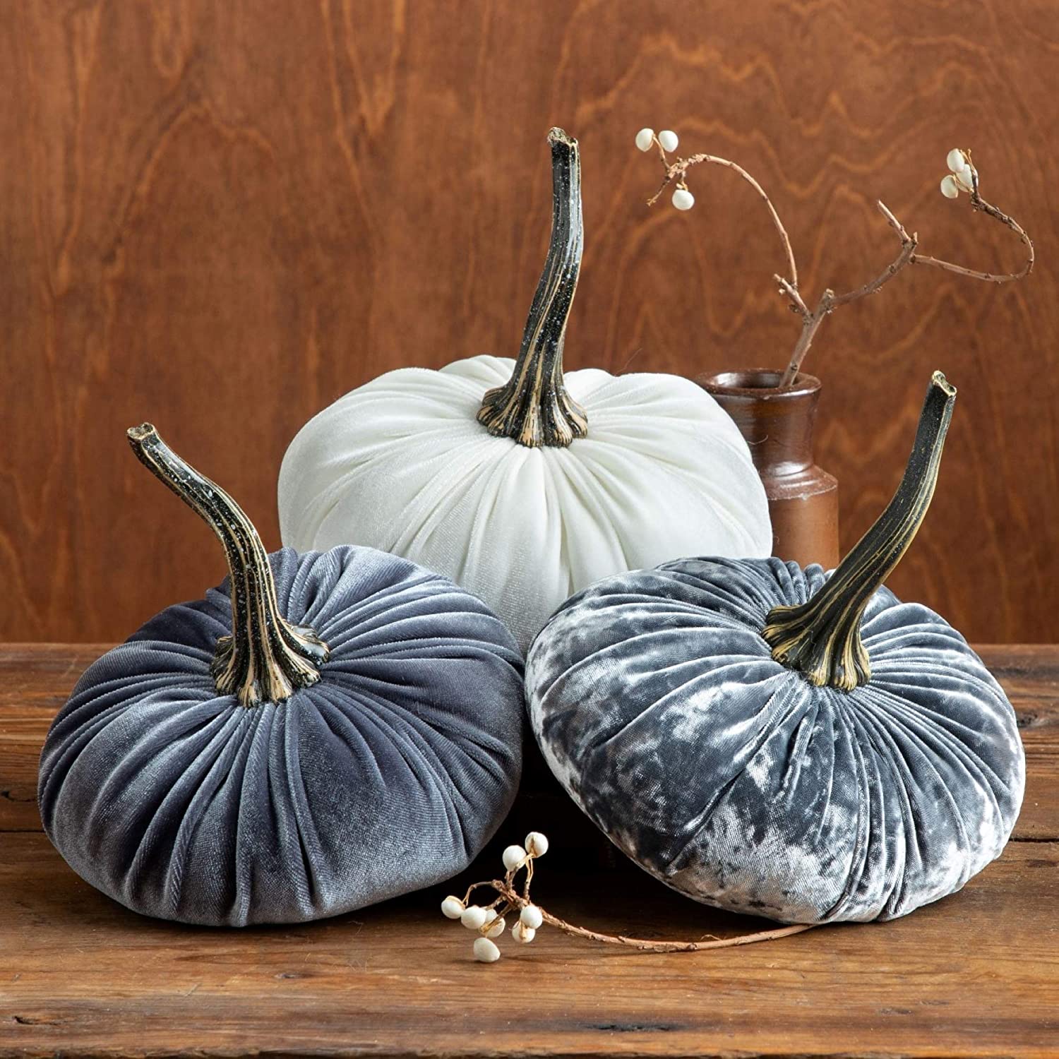 Set of 3 Velvet 6.25 Inch Pumpkins, silver platinum accent decor, wedding centerpiece, cozy fall vibe, elegant luxe gift set, tiered tray kitchen set, hygge home (Luxe Platinum, Gray, Ivory) - Image 4
