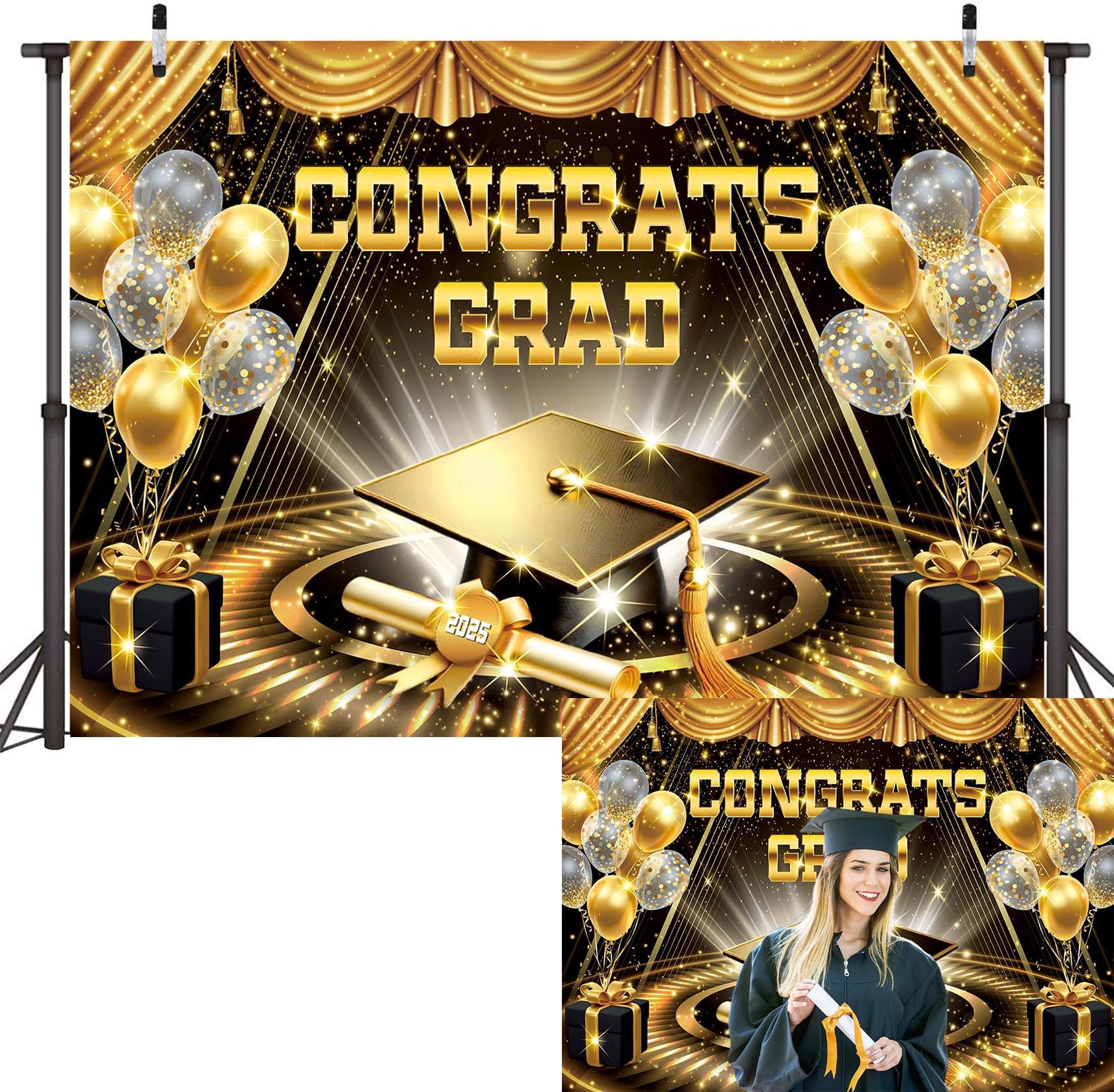 PGSWEER Black Gold Prom 2025 Graduation Backdrop 7x5ft Congrats Grad Photography Background Congratulations Graduate Class of 2025 Bachelor Cap Photo Photography Supplies
