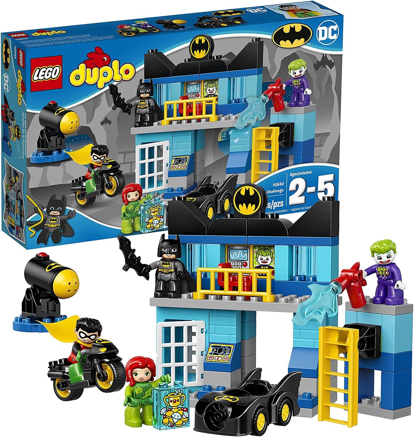 Lego Year 2017 Duplo DC Series Set #10842 - BATCAVE CHALLENGE with Batmobile, Batcycle and Batman, Robin, The Joker and Poison Ivy Figure (Pieces: 83)